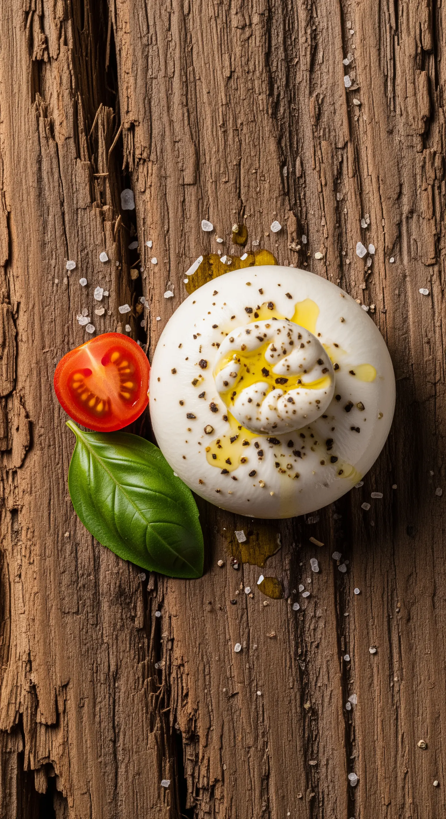 Burrata servita su una tavola di legno molto rustica e vissuta, con basilico e pomodorino.