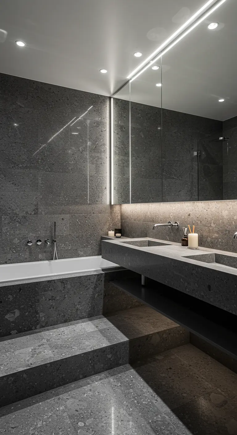 Bagno moderno in gres grigio scuro con gradini che conducono alla vasca e lavabo monolitico.
