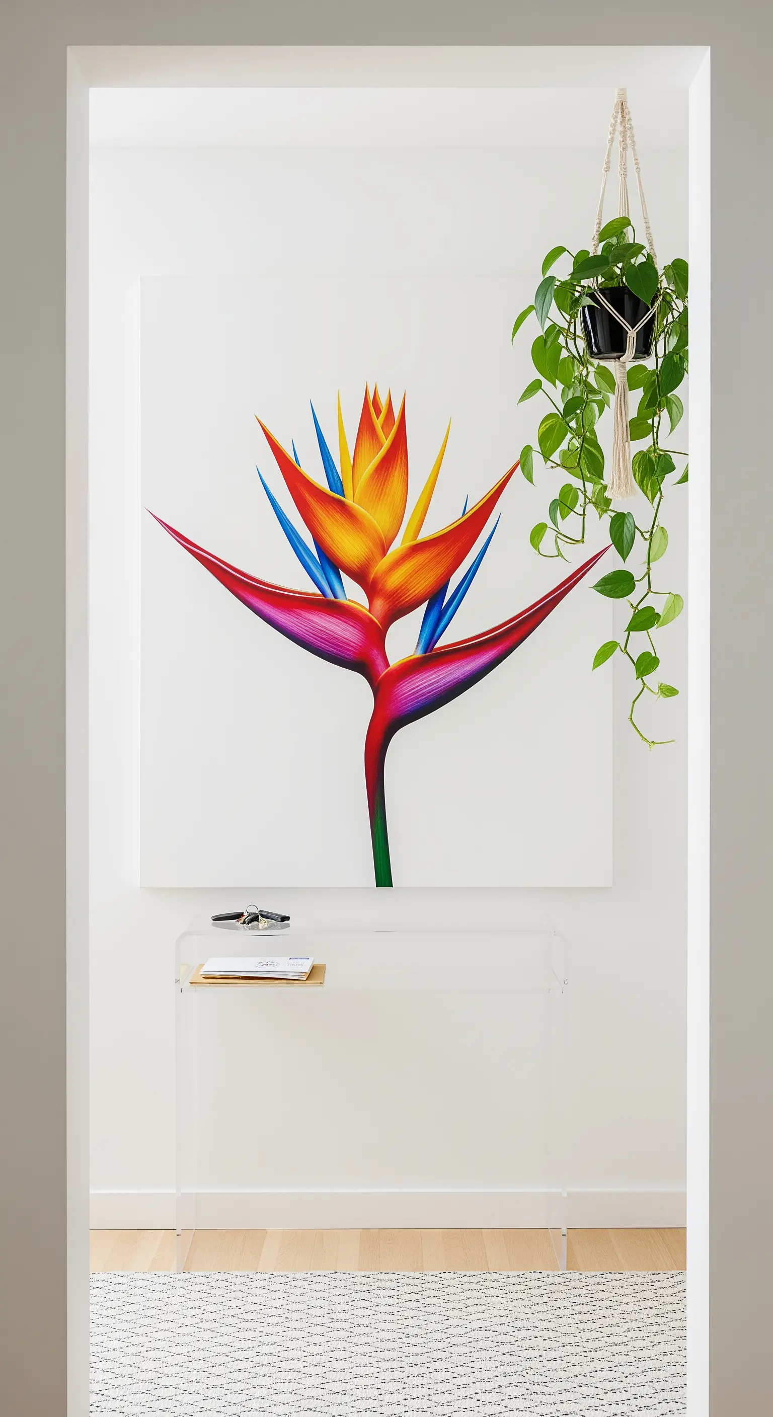 Ingresso minimalista con un grande quadro di un fiore di Strelitzia e una consolle in plexiglass.
