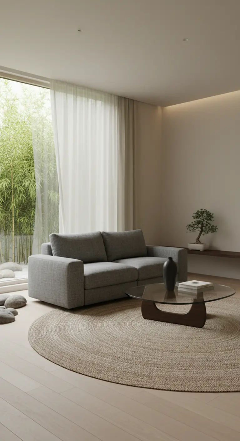 Divano grigio e tavolino in vetro su un tappeto rotondo di iuta, con vista su un giardino di bambù.