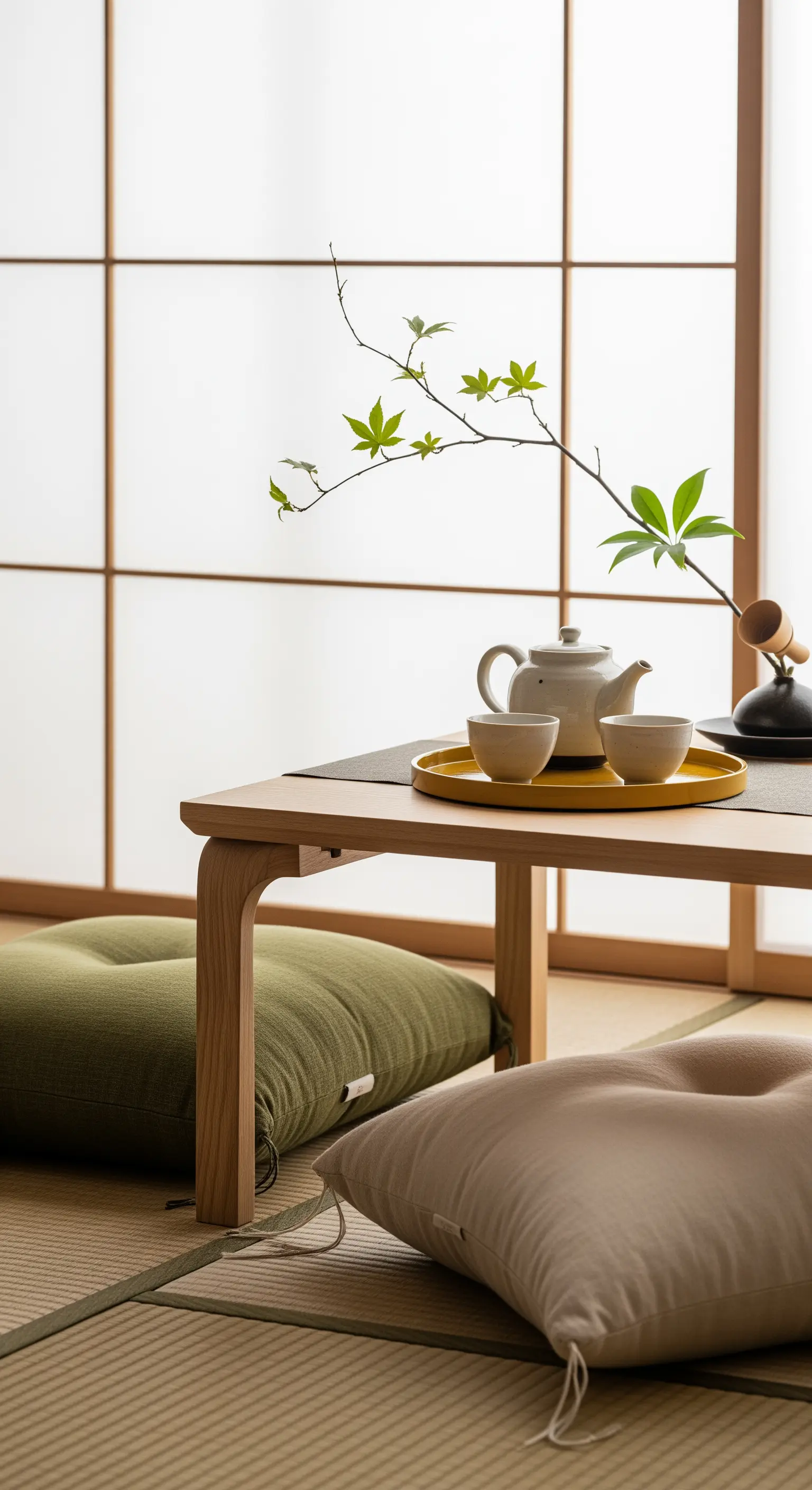 Tavolino basso in stile giapponese con cuscini da terra verde oliva e vassoio senape.