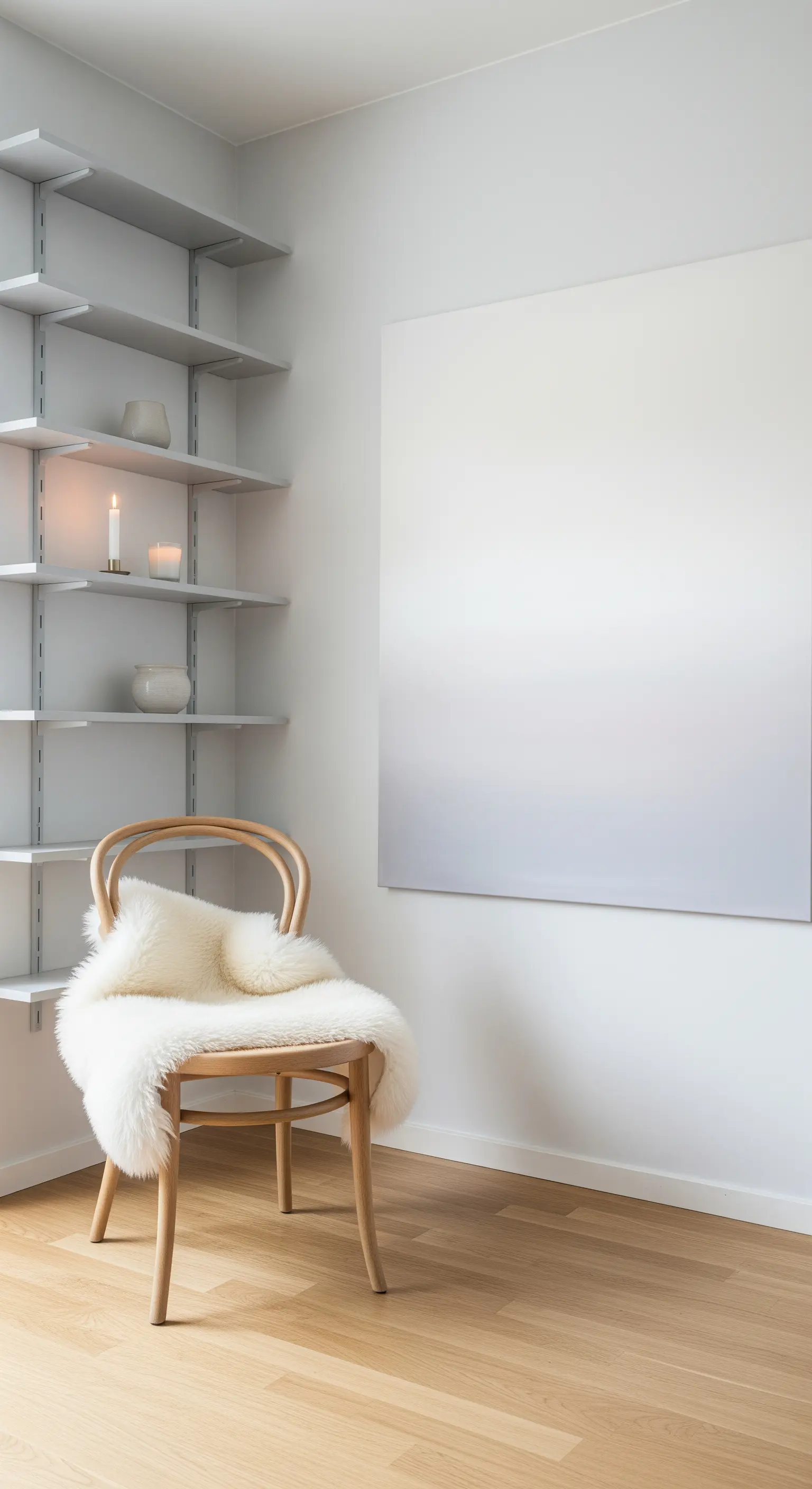 Angolo scandinavo con mensole grigio chiaro, sedia in legno con pelliccia e quadro bianco sfumato.