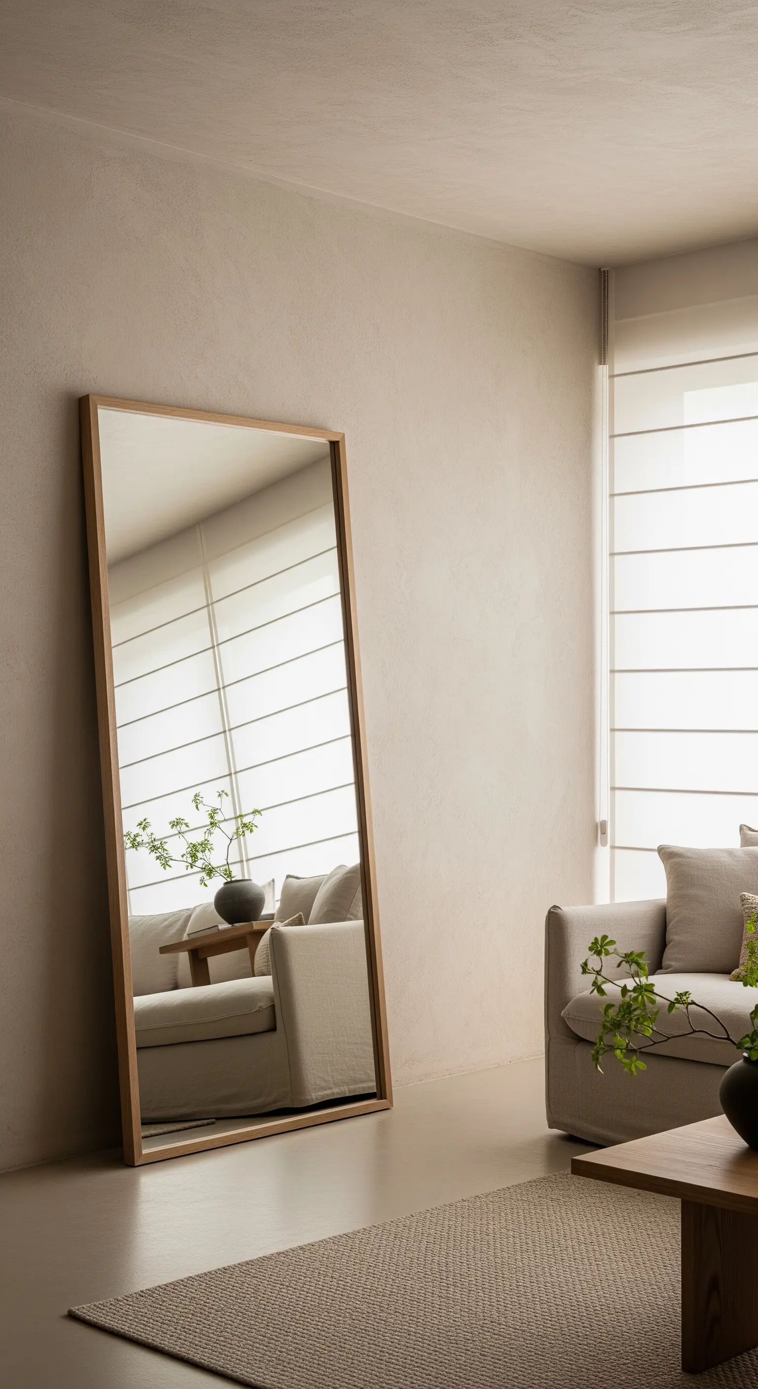 Specchio a figura intera con cornice in legno chiaro appoggiato a una parete beige in un salotto.