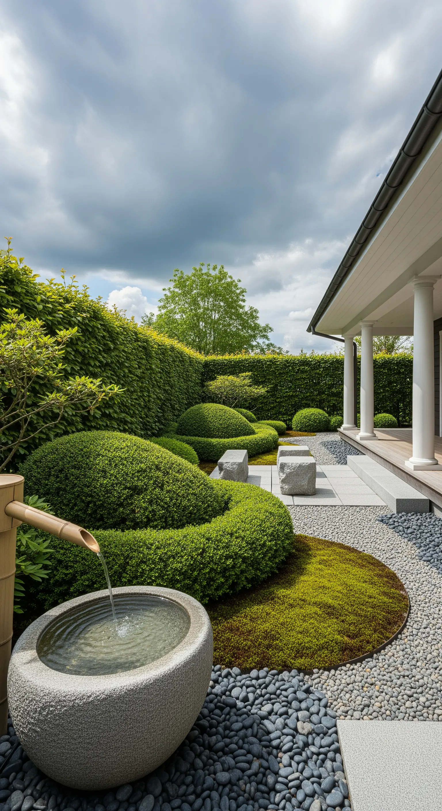 Giardino giapponese con siepi potate a nuvola, muschio e una fontana tsukubai in pietra.
