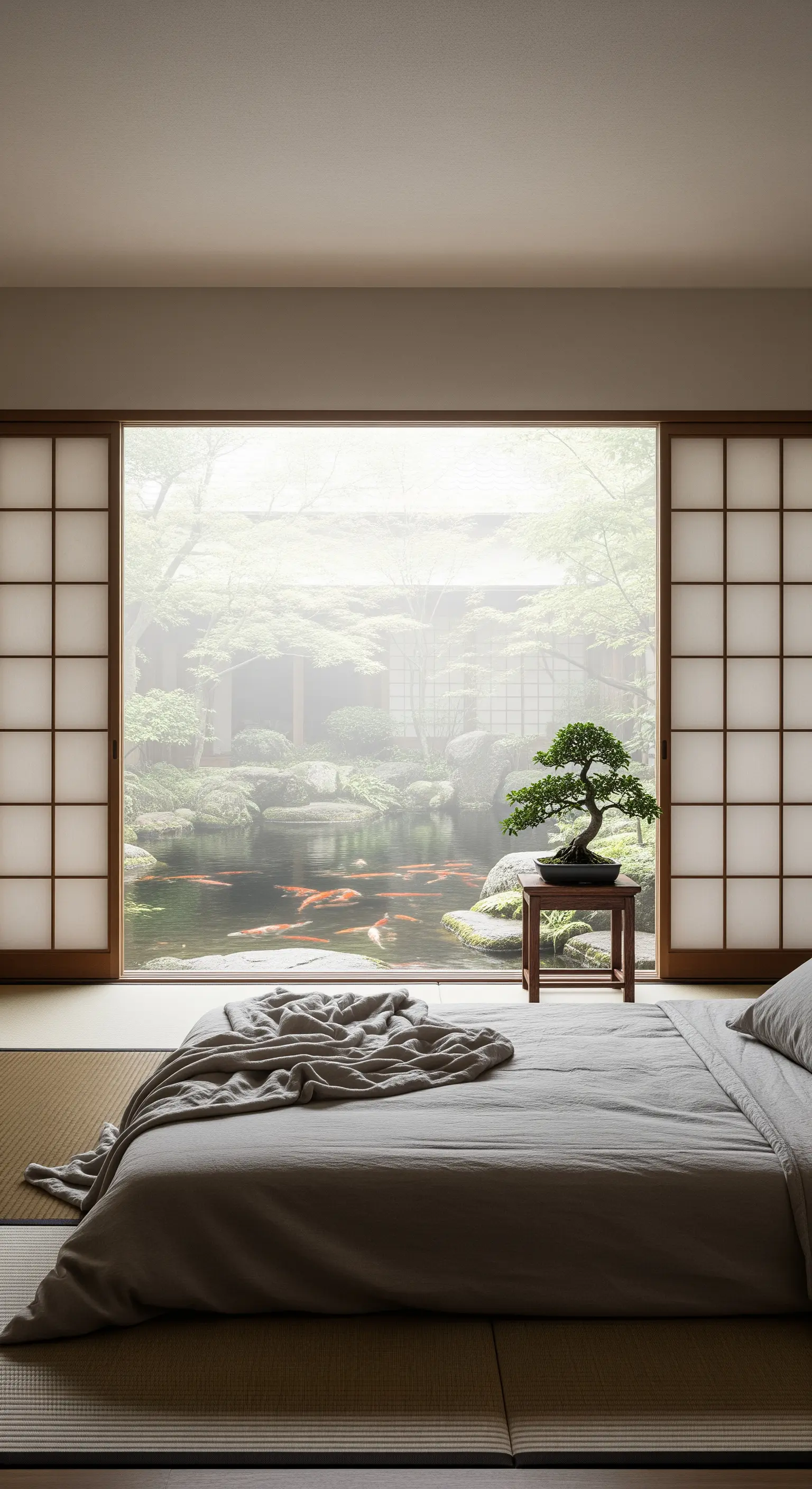 Camera da letto giapponese con porte shoji aperte su un giardino con laghetto.