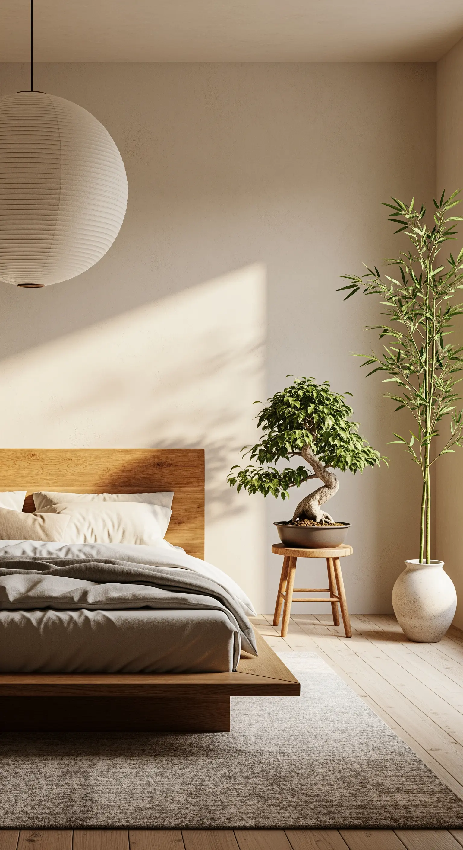 Camera da letto minimalista con letto basso in legno, bonsai e pianta di bambù.