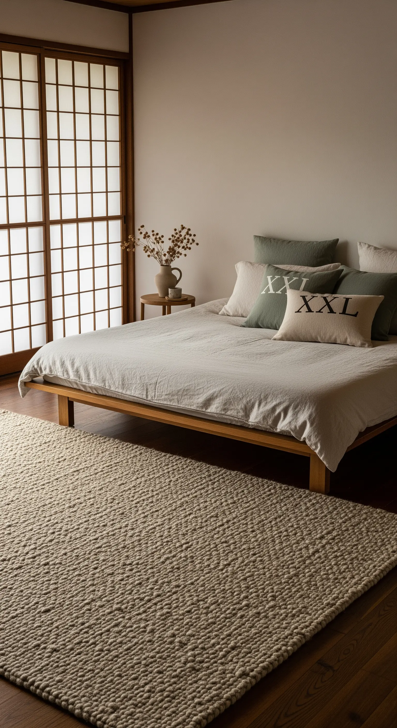 Camera da letto in stile Japandi con letto basso in legno e tappeto in lana intrecciata beige.