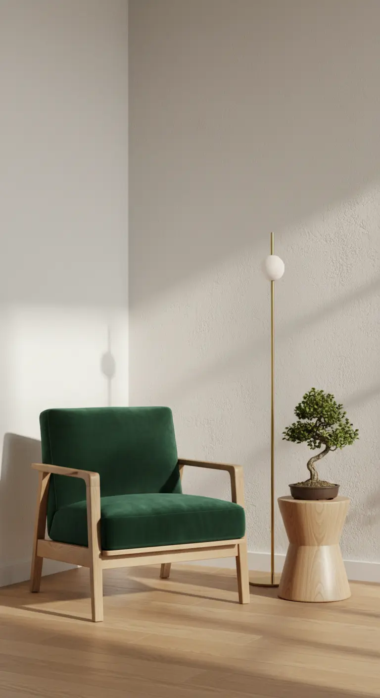Angolo minimalista con poltrona in velluto verde, struttura in legno chiaro e lampada sottile.