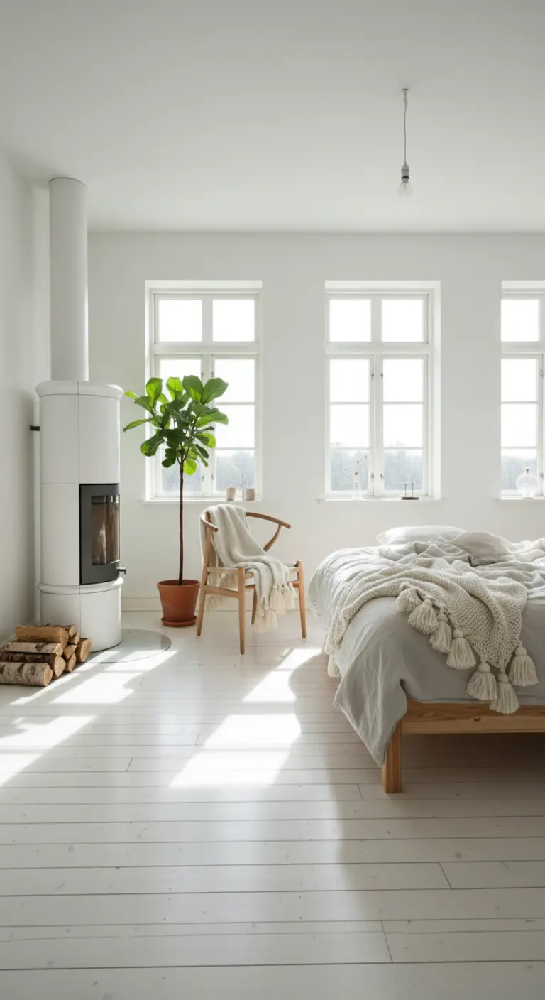 Camera da letto scandinava total white con stufa moderna, letto in legno chiaro e plaid con nappine.