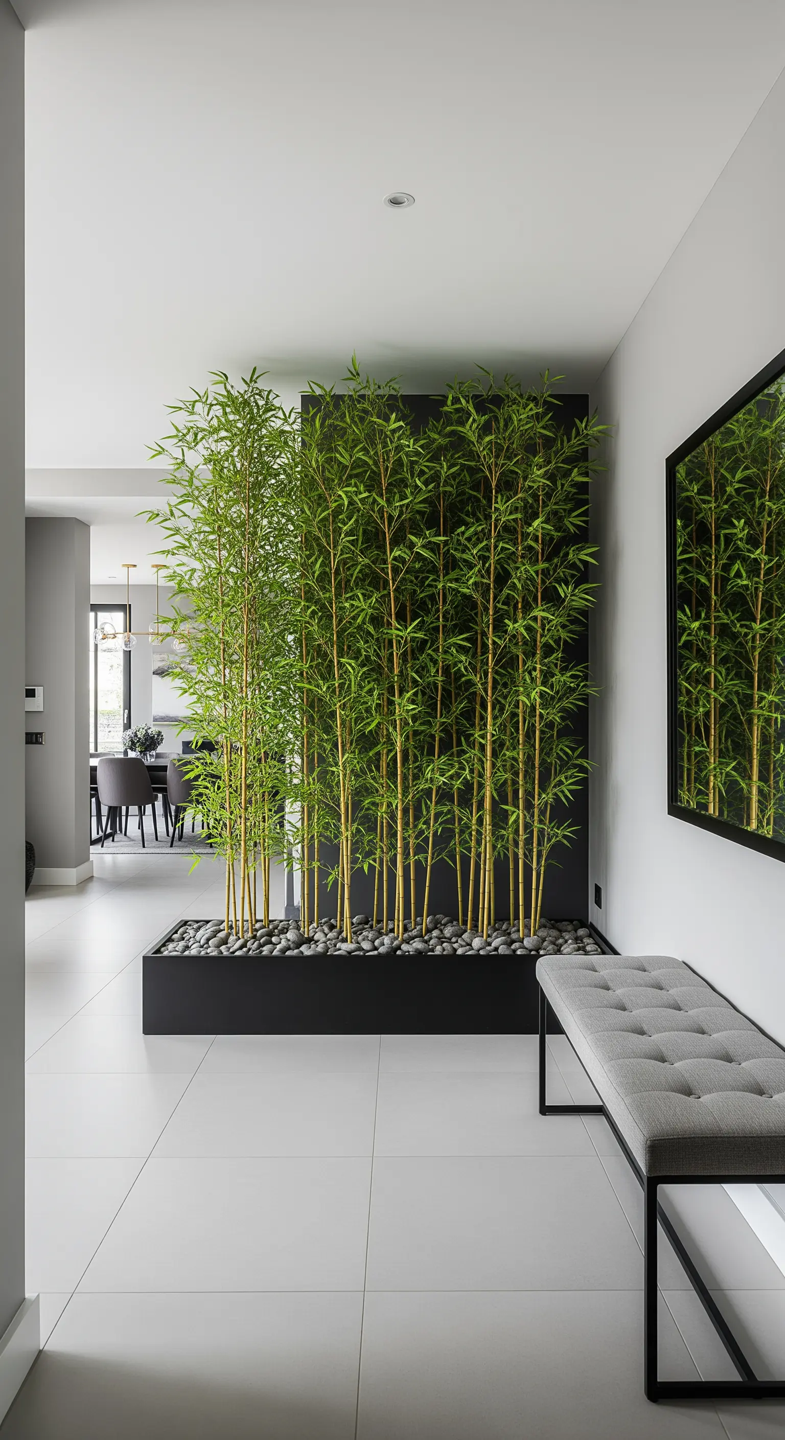 Fioriera nera con piante di bambù alte usata come divisorio in un ingresso moderno con panca grigia.