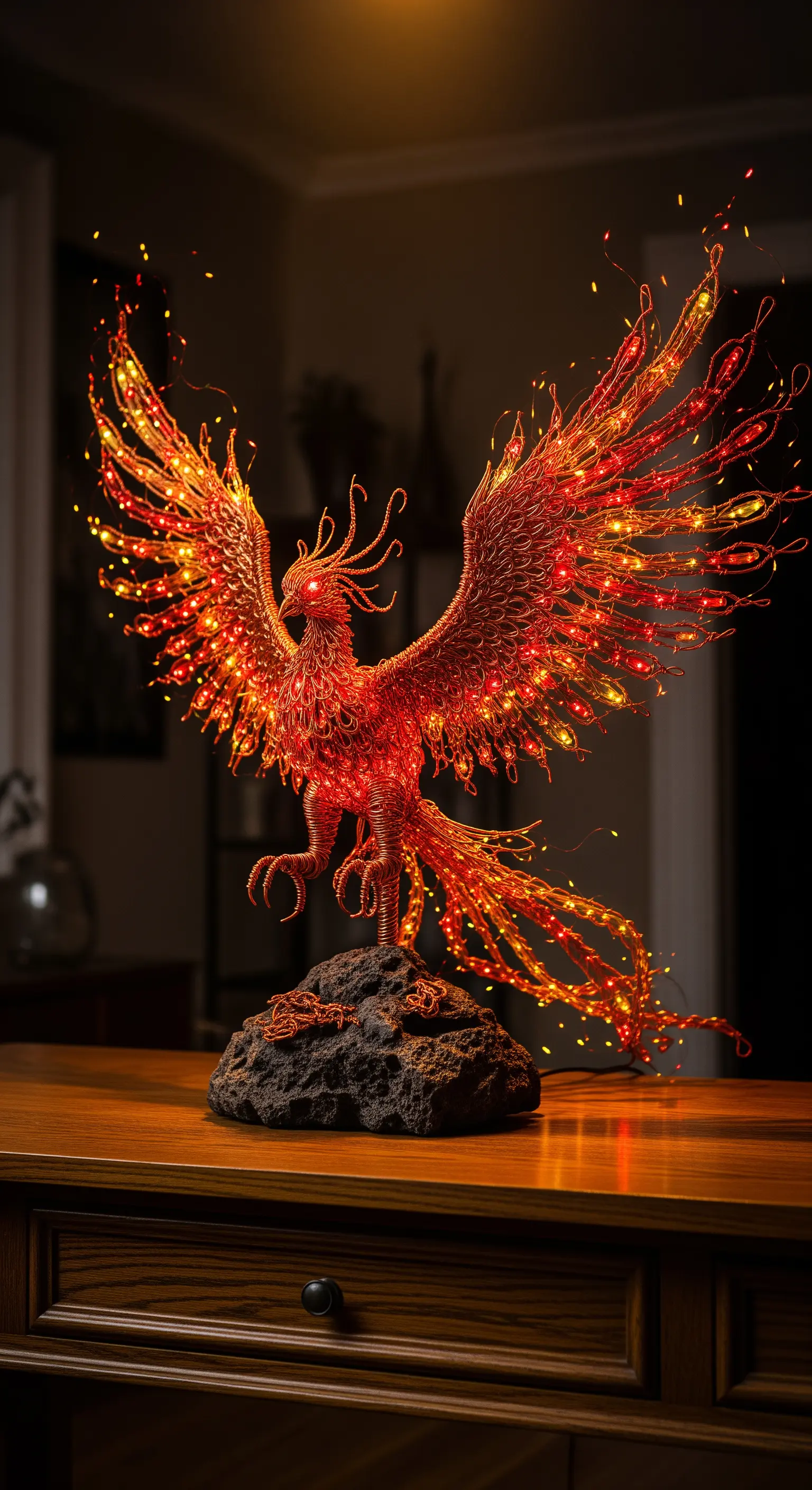 Scultura complessa di una fenice in filo di rame e rosso, con ali spiegate e luci calde.