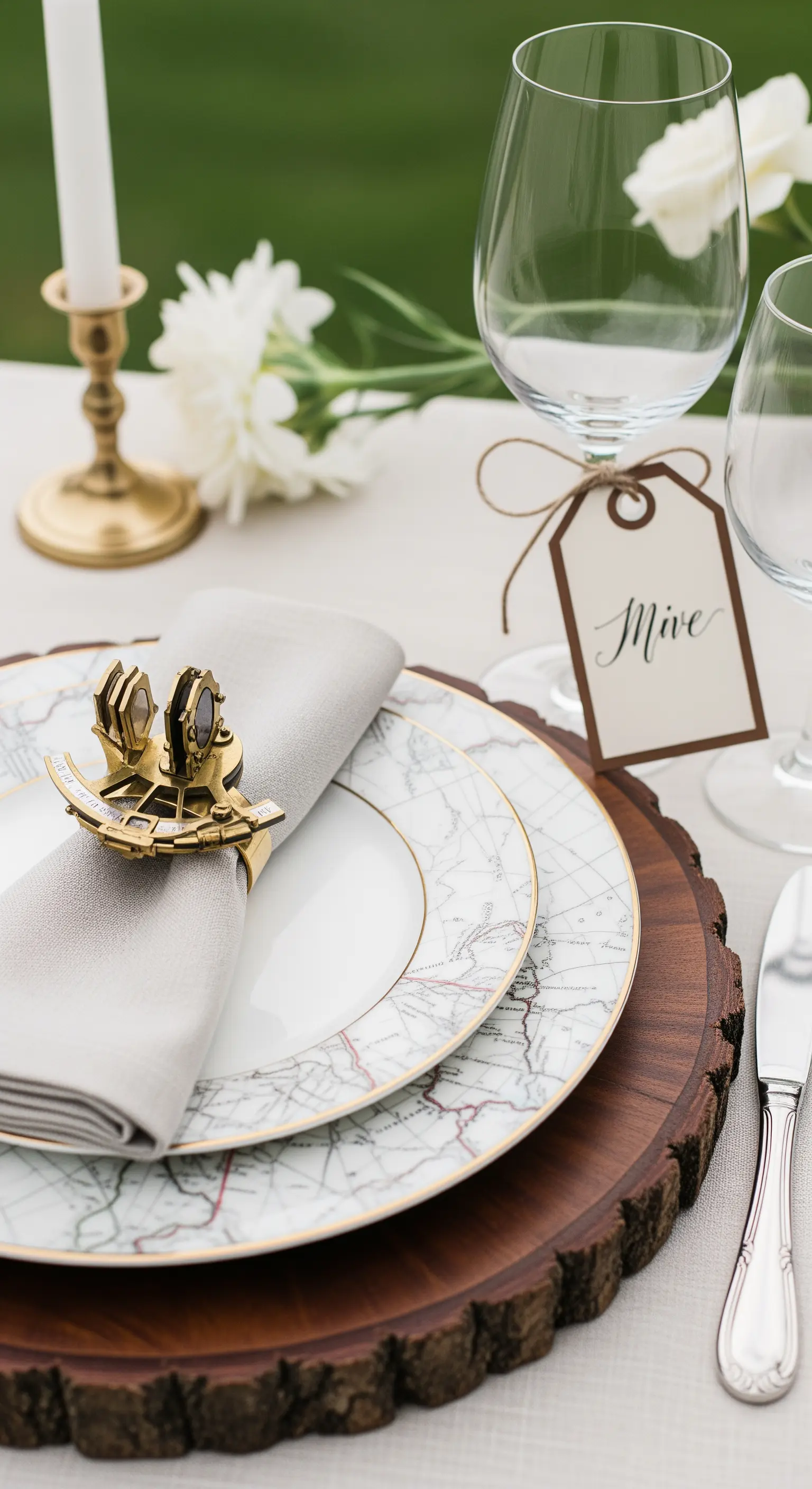 Dettaglio di una tavola con piatto a tema mappa e portatovagliolo a forma di sestante.