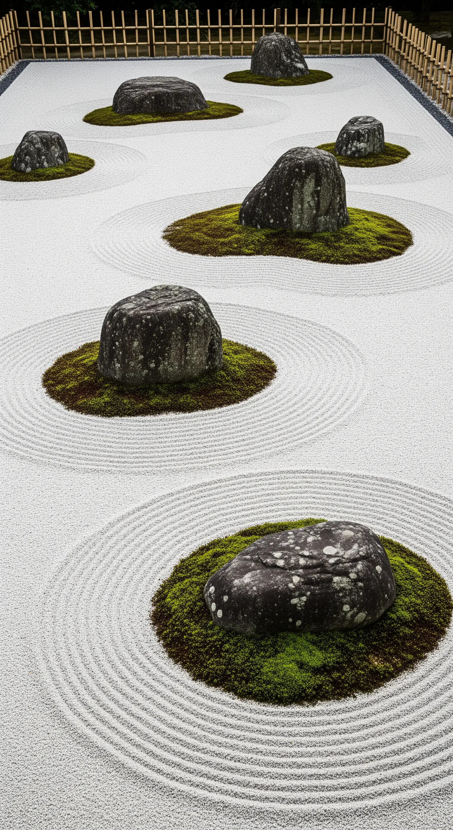 Giardino zen con sabbia bianca rastrellata e rocce scure coperte di muschio.