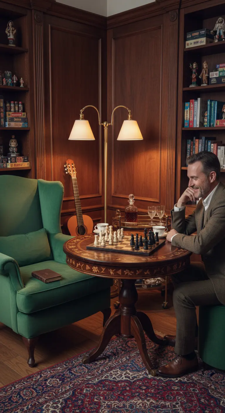 Uomo seduto su una poltrona in velluto verde gioca a scacchi in una sala con boiserie.