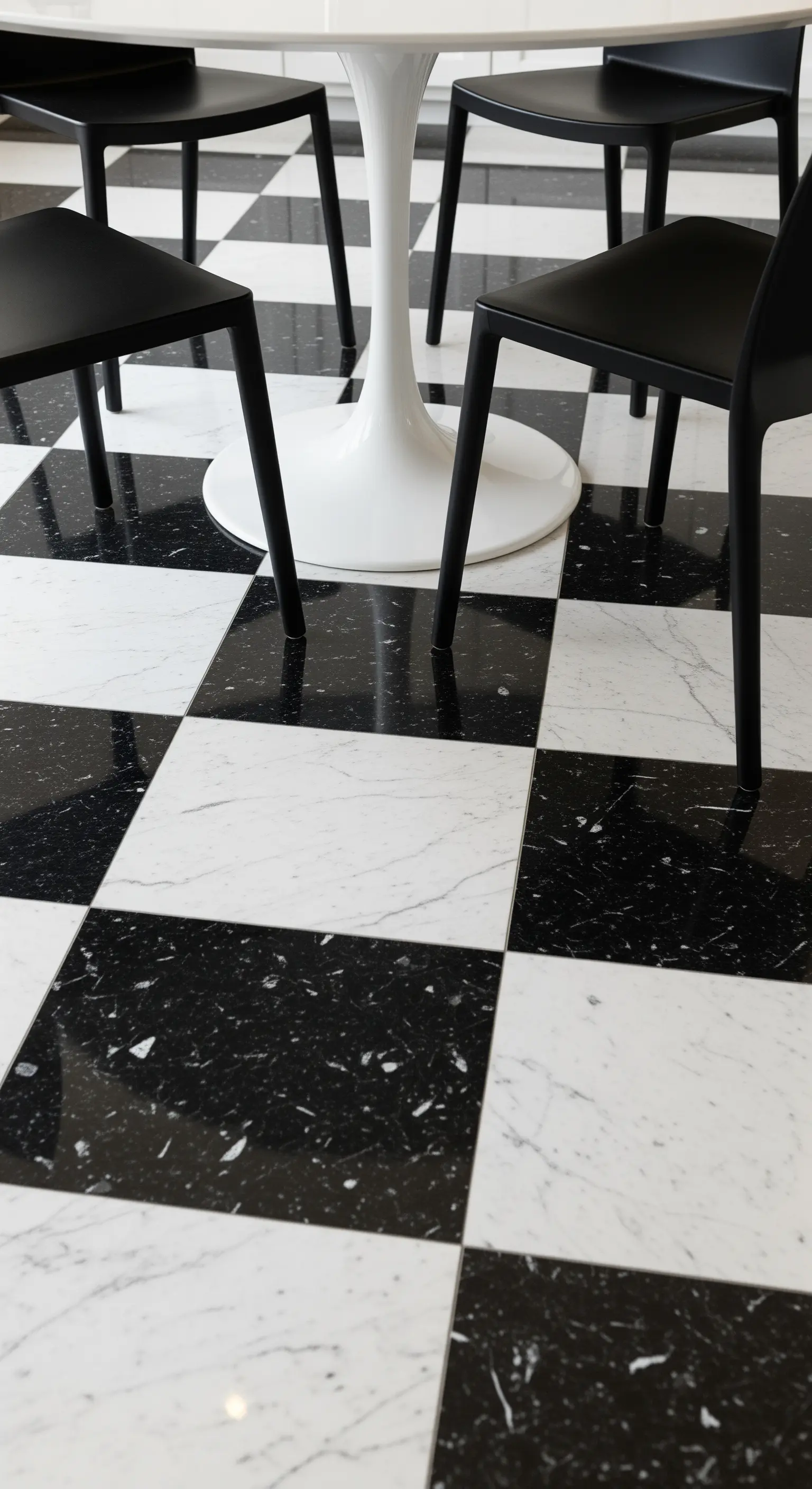 Pavimento a scacchiera in marmo bianco e nero con tavolo e sedie di design.