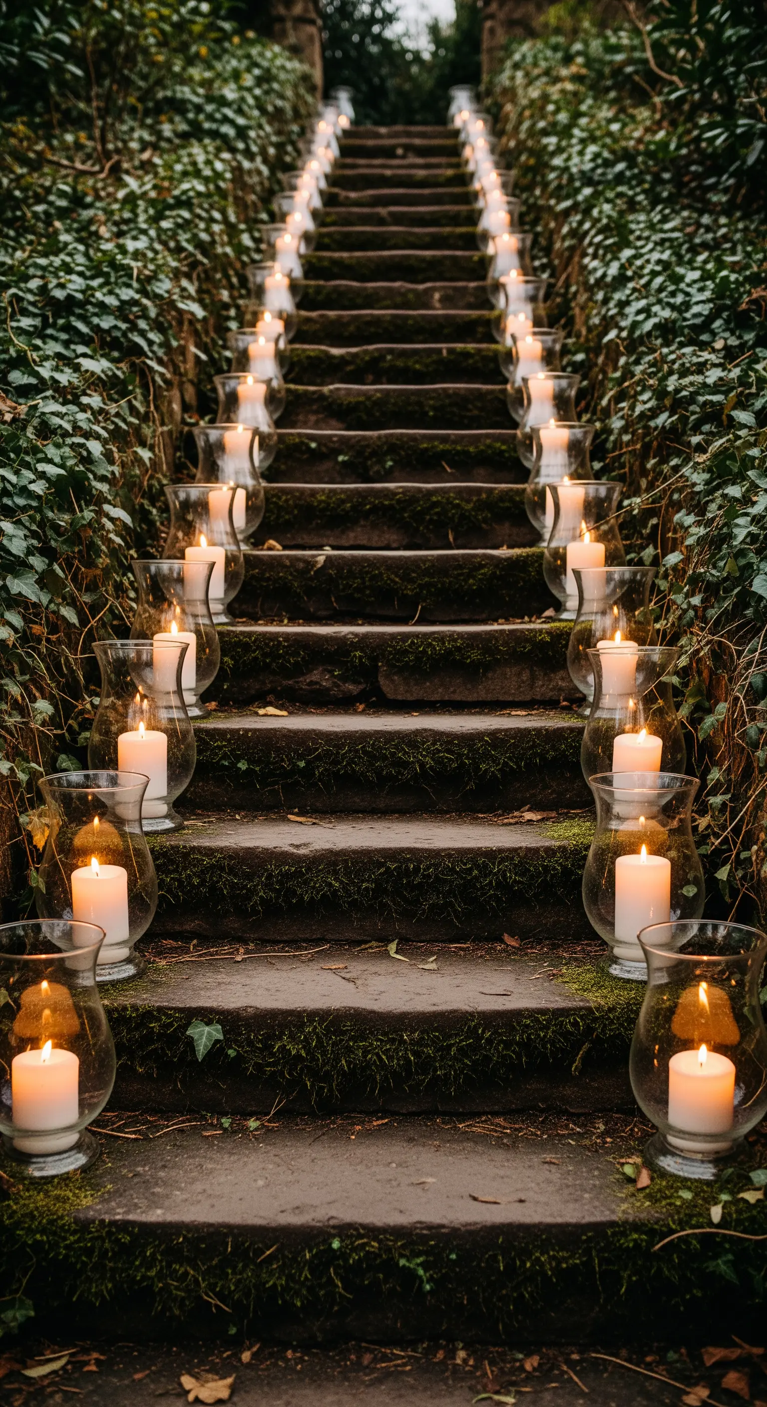 Scalinata in pietra ricoperta d'edera, illuminata da grandi candele in vasi di vetro.