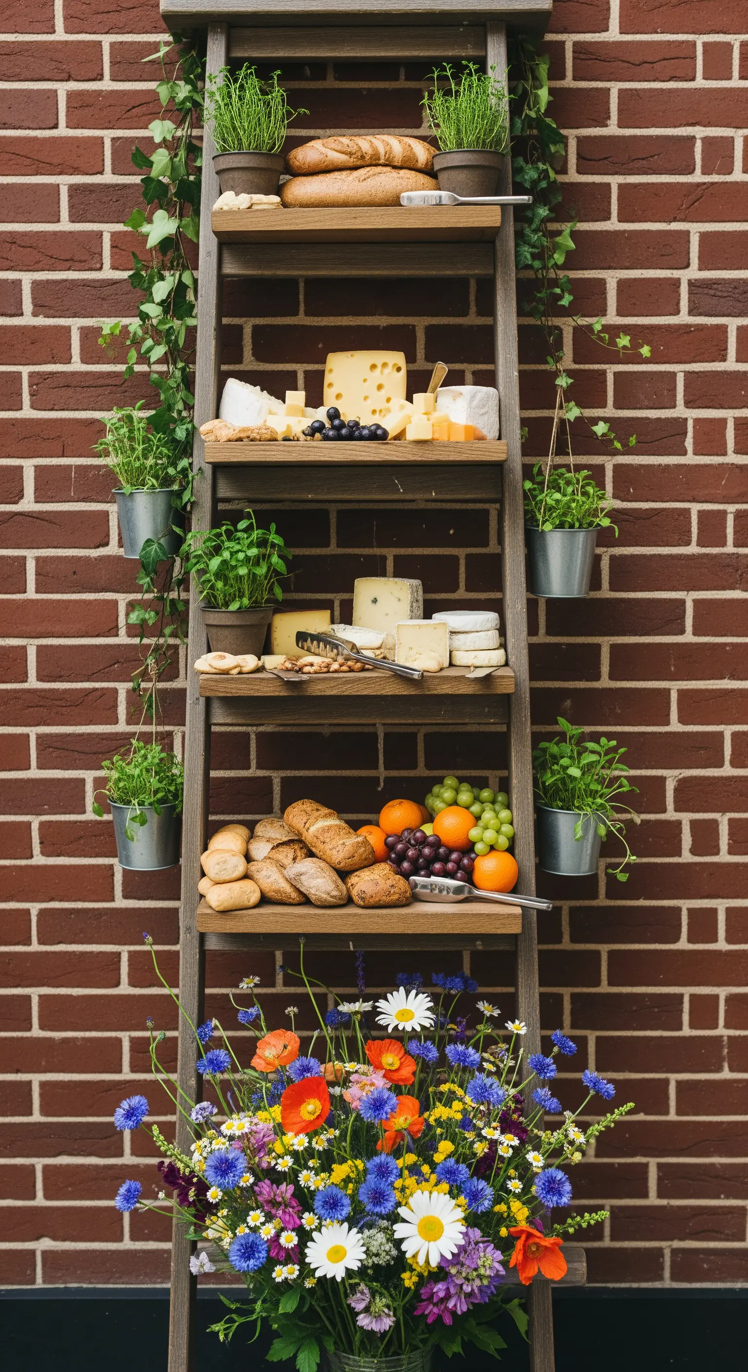 Una scala a pioli in legno usata come espositore a più livelli per il buffet.