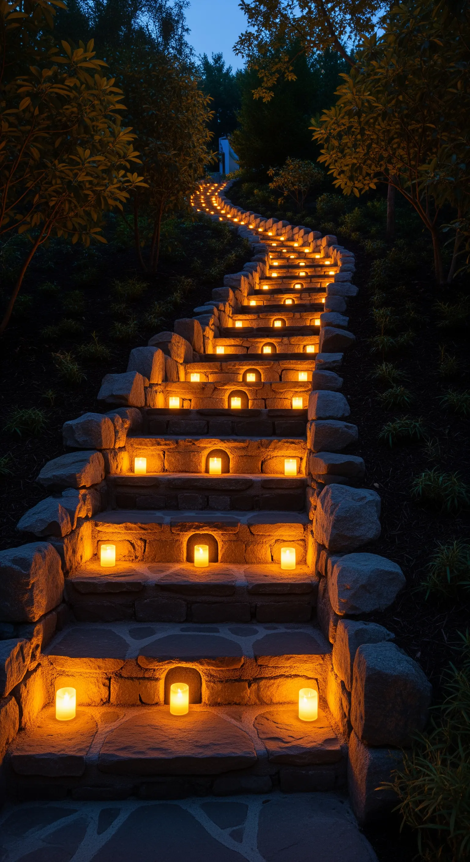 Lunga scalinata esterna in pietra illuminata da singole candele posizionate su ogni gradino.