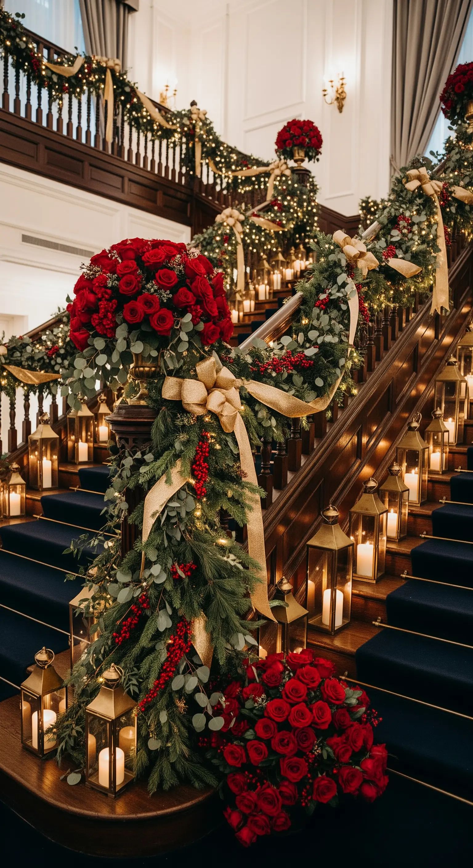 Scalinata maestosa decorata con ghirlande, rose rosse, fiocchi dorati e lanterne.
