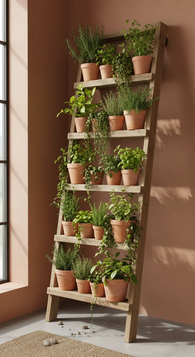Vecchia scala a pioli in legno usata come fioriera verticale per erbe aromatiche in vasi di terracotta.