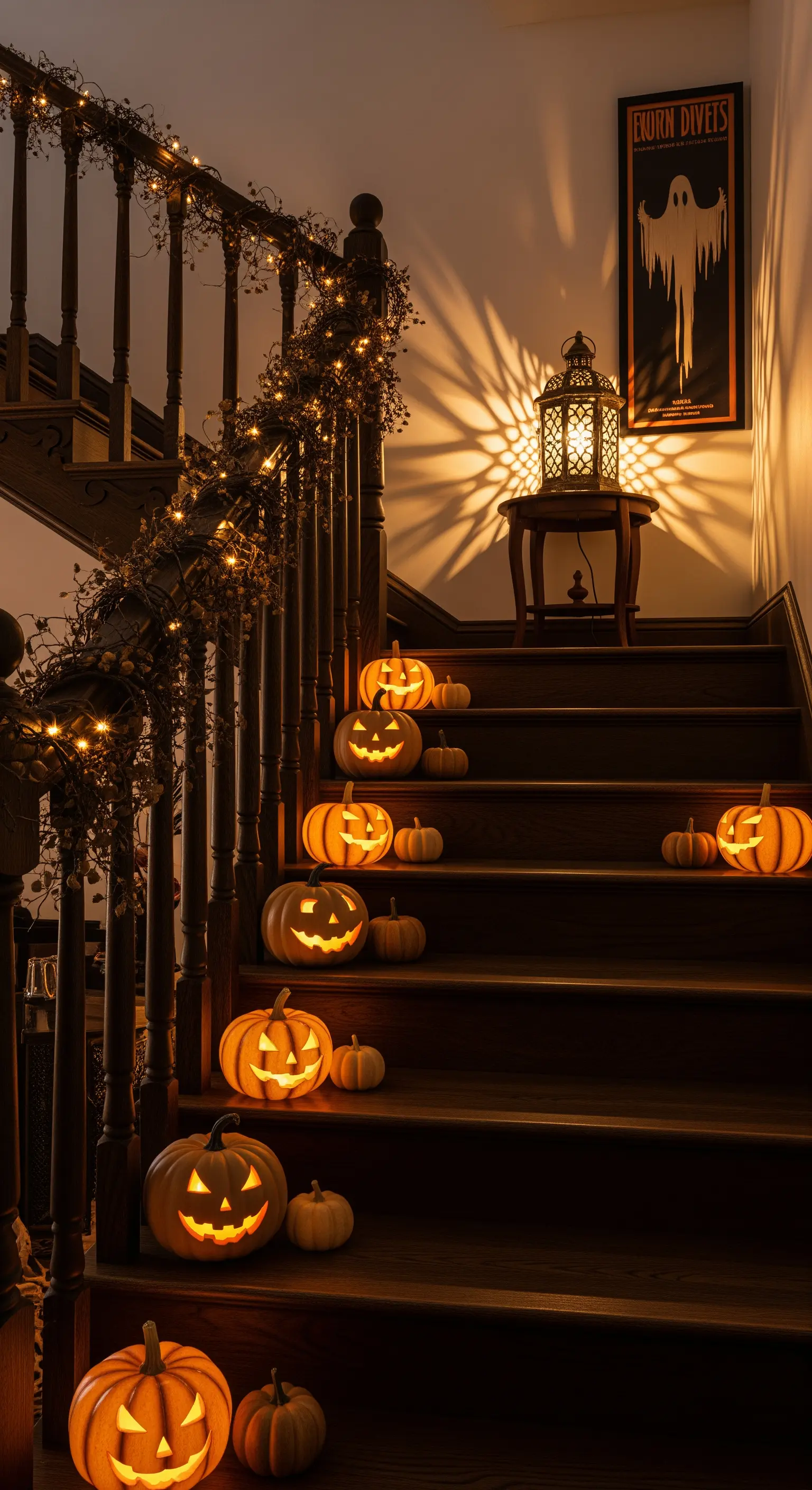 Scala in legno decorata con zucche intagliate e luminose e un corrimano avvolto da lucine.