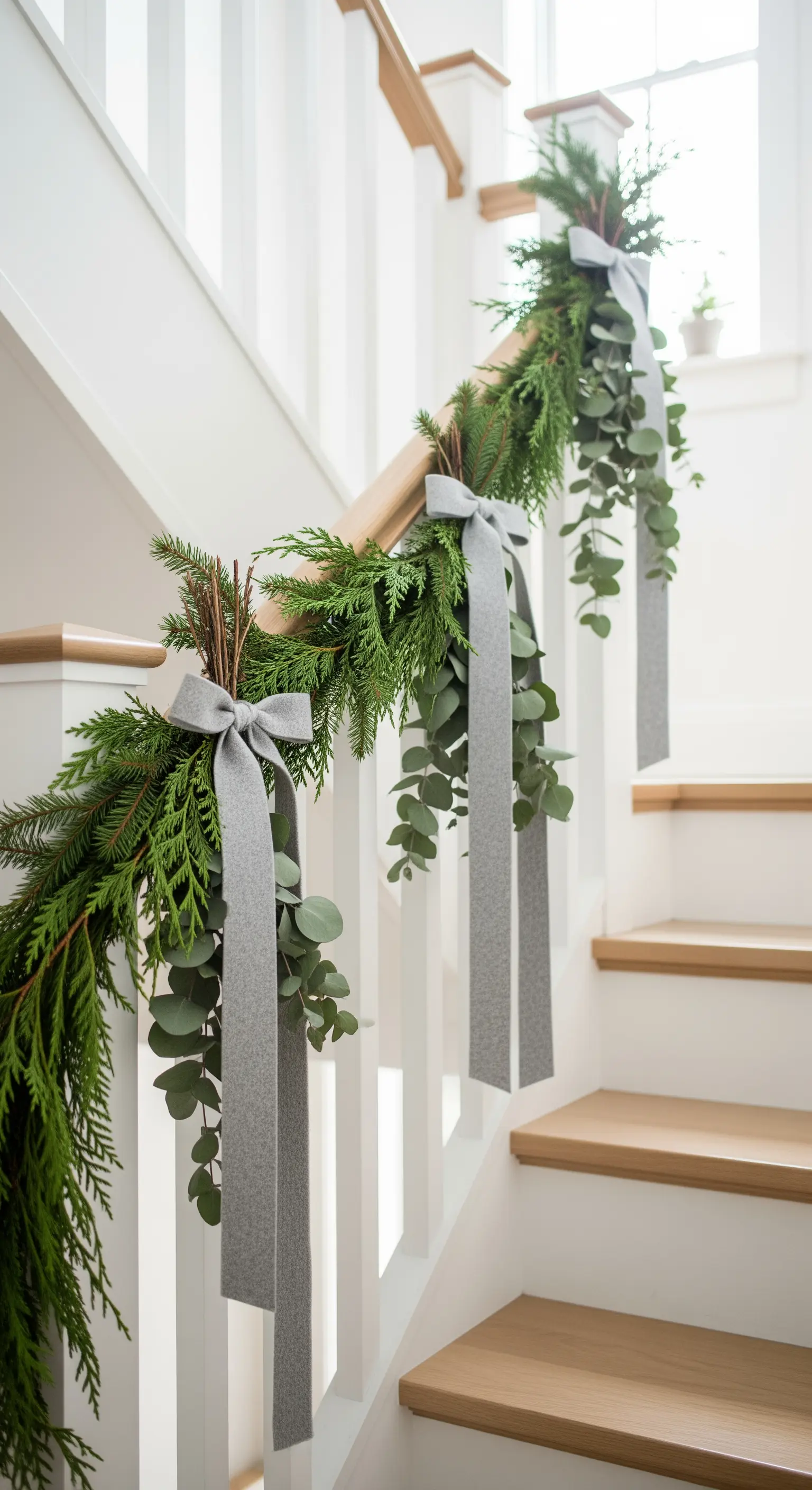 Corrimano di una scala decorato con una ghirlanda di pino ed eucalipto e fiocchi grigi.