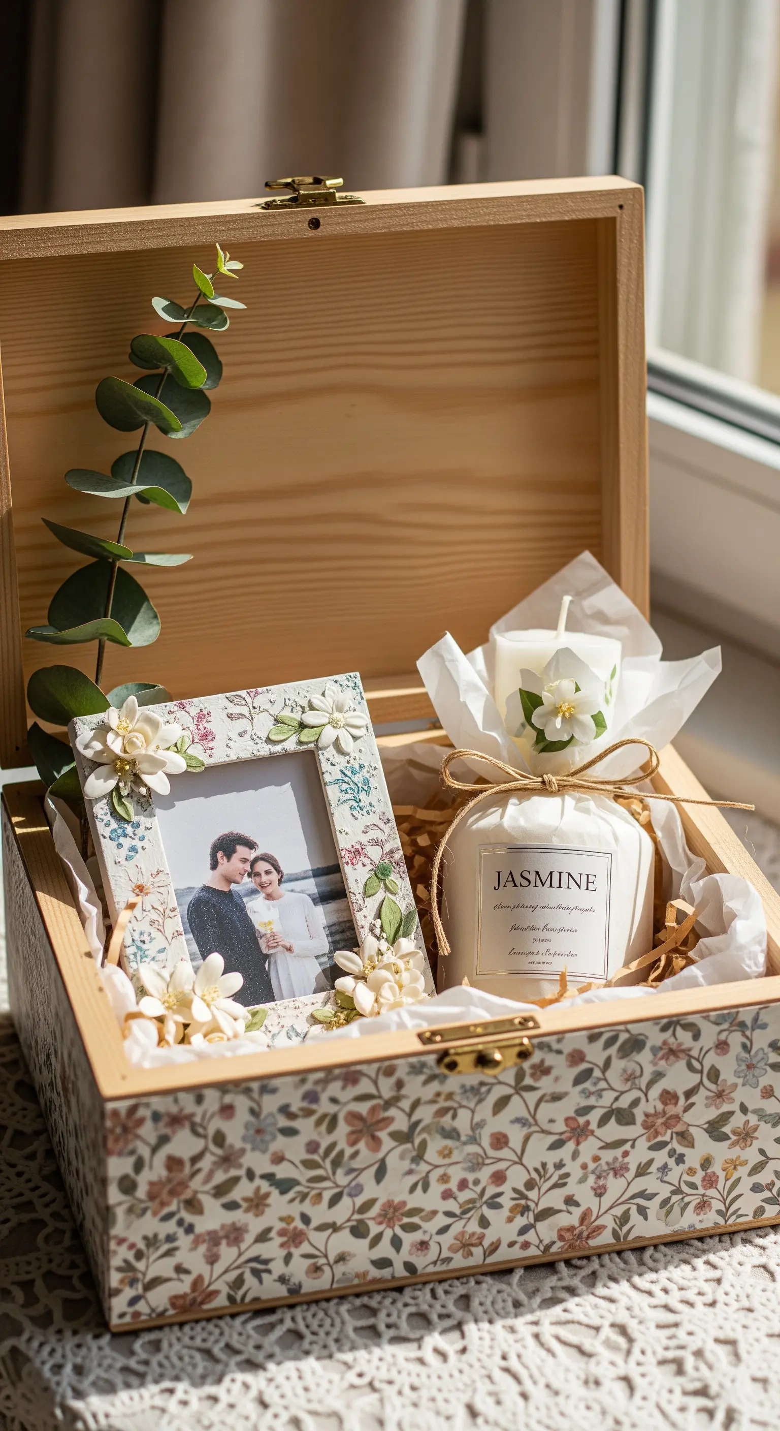 Scatola regalo in legno decorata con all'interno una cornice, una candela e un rametto di eucalipto.