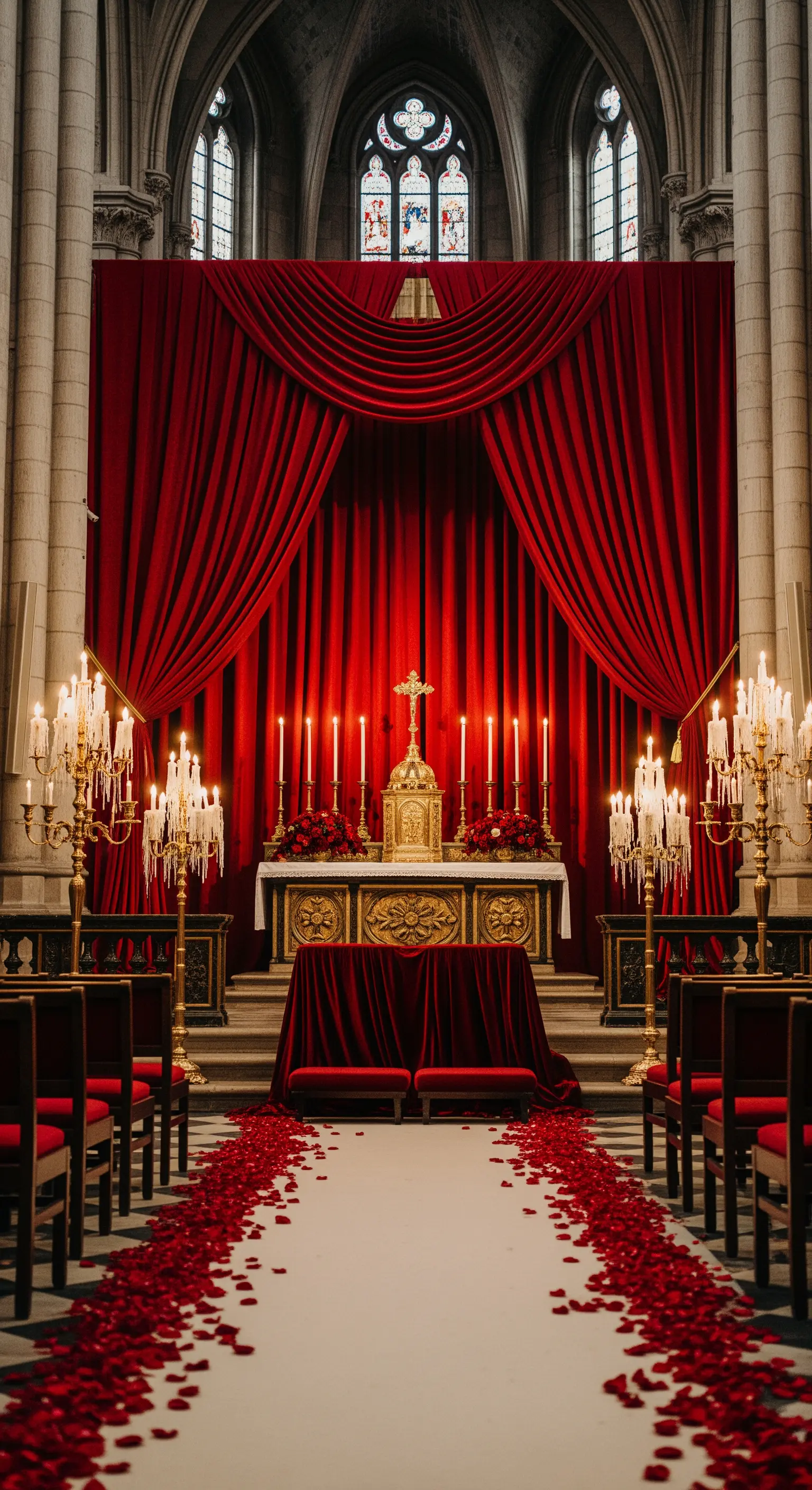 Altare nuziale incorniciato da tende di velluto rosso e illuminato da candelabri dorati.