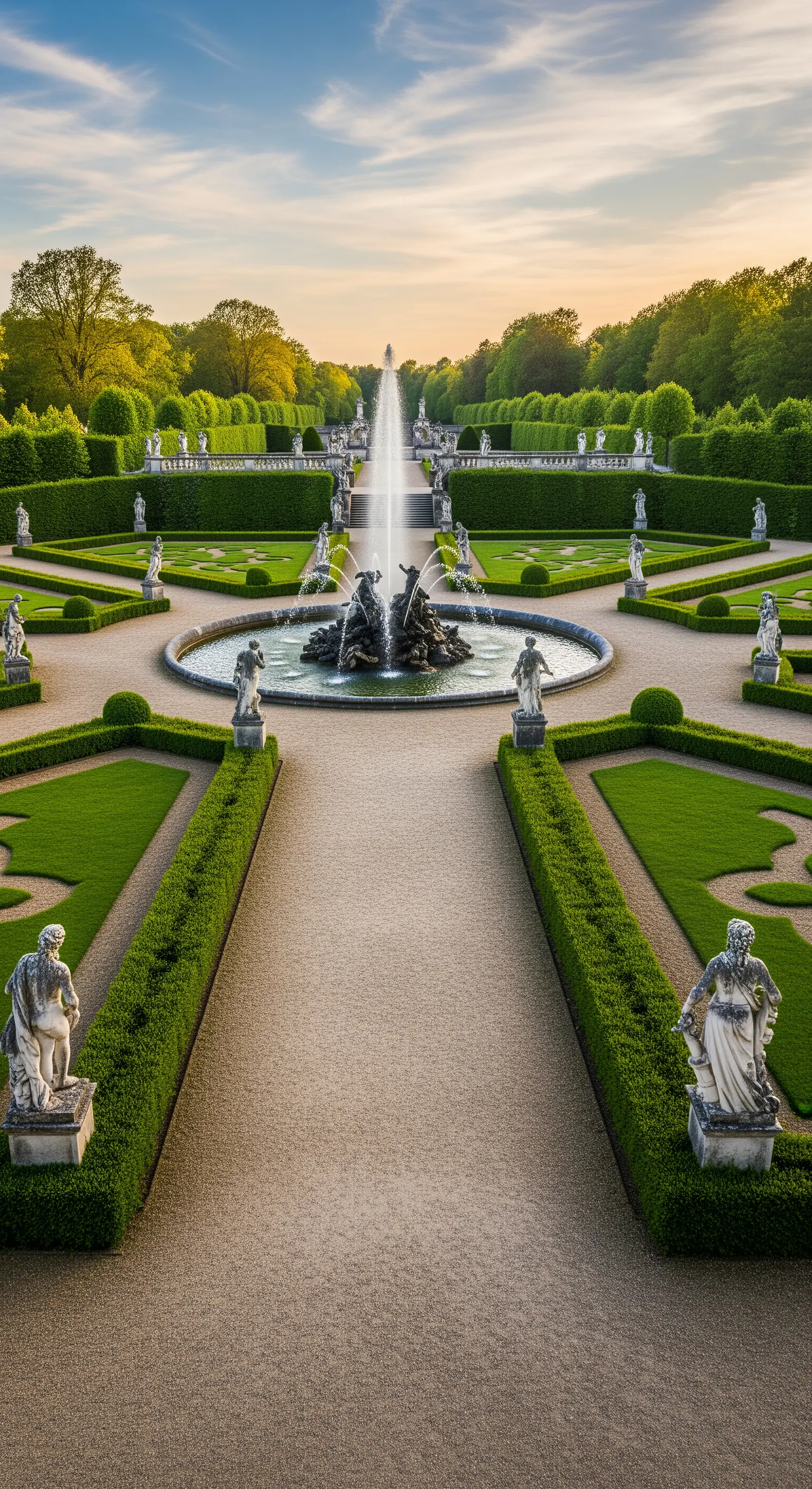 Giardino monumentale con fontana scenografica, sentieri simmetrici e numerose statue classiche.