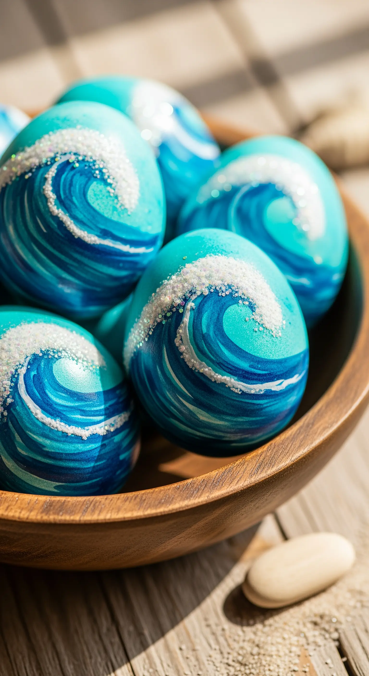 Uova di Pasqua color turchese con onde dipinte e schiuma creata con glitter bianco.