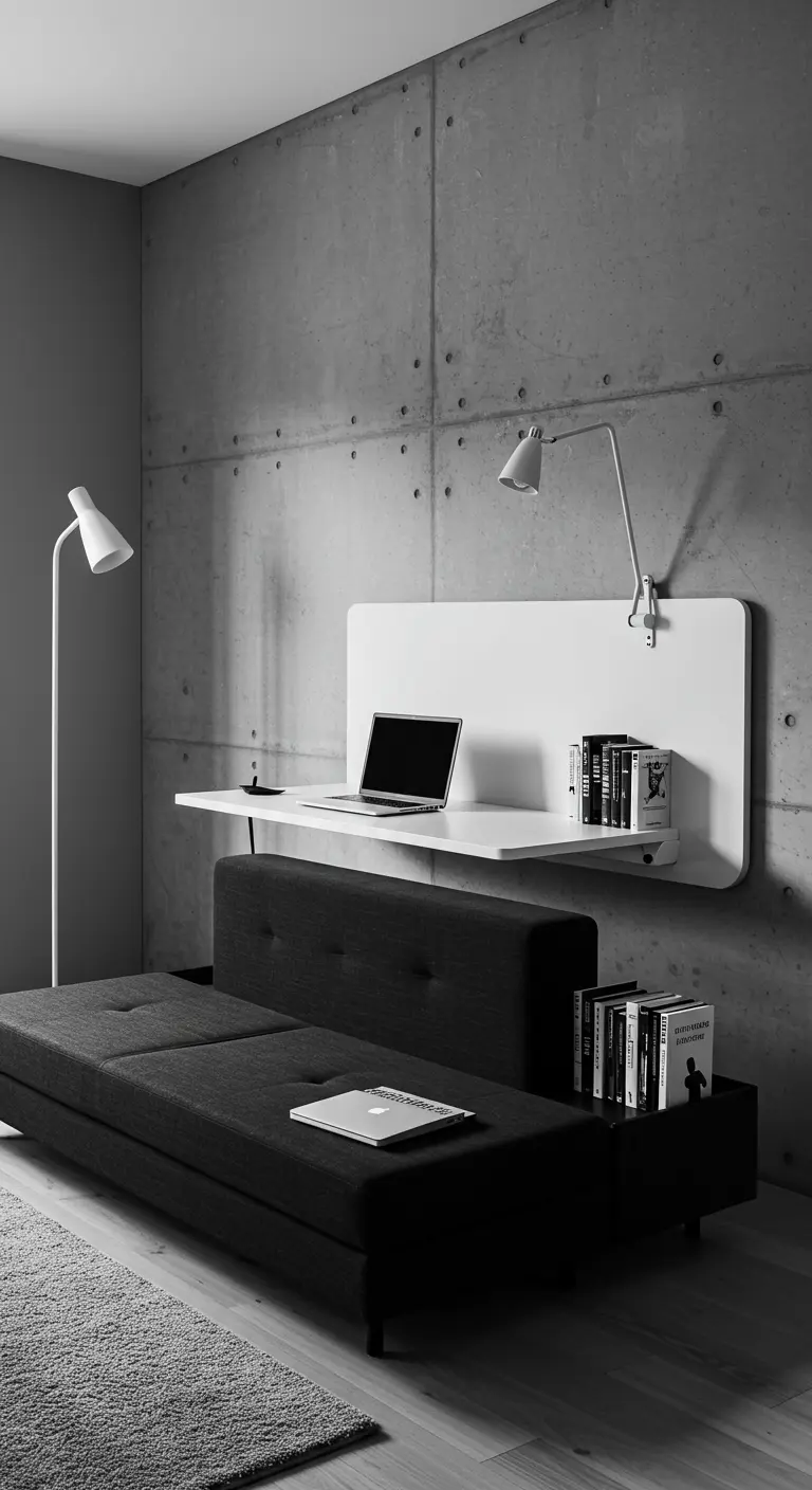 Scrivania bianca sospesa a parete sopra un divano-letto nero in stile minimalista.