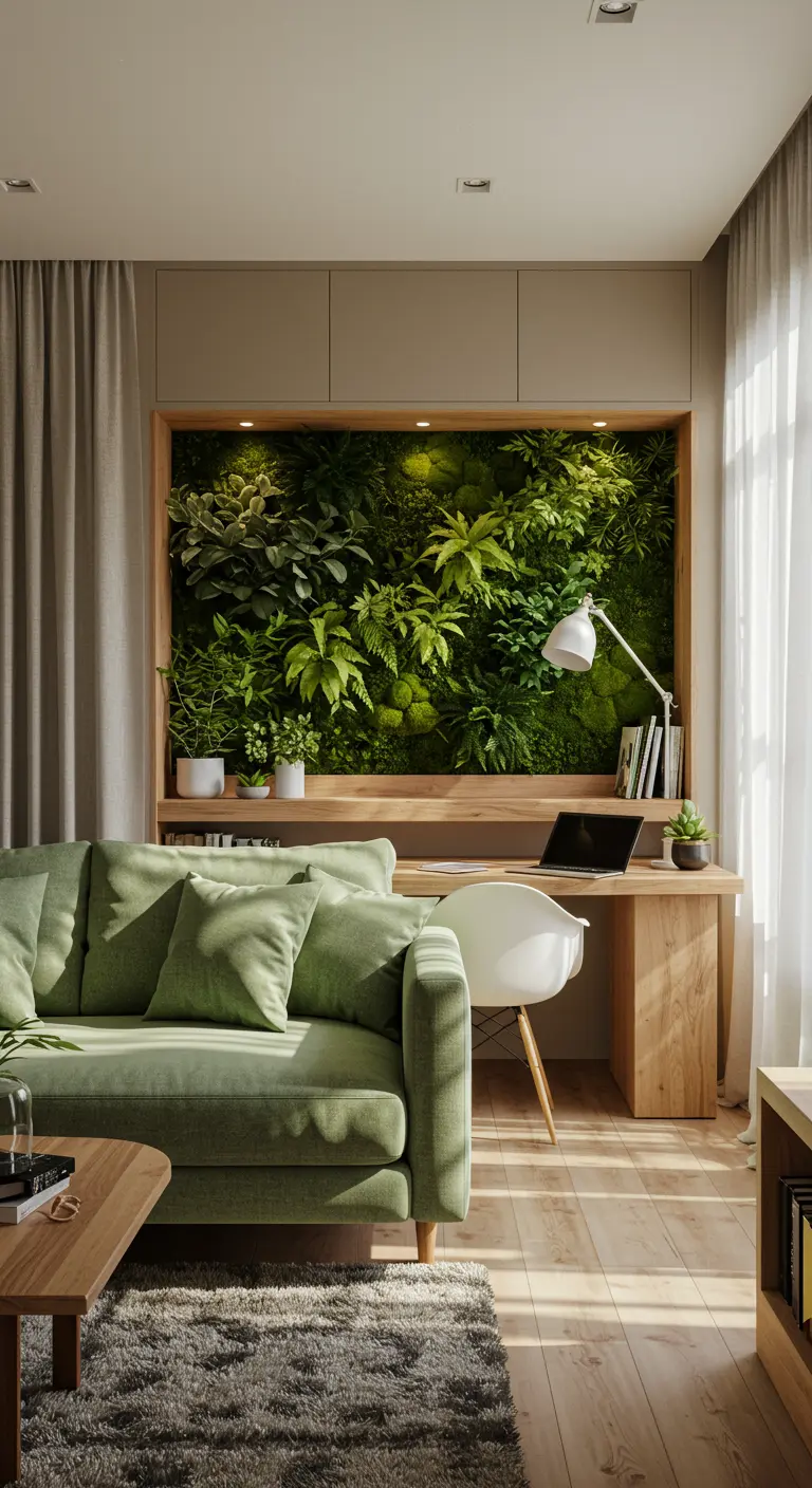 Scrivania in legno in una nicchia con una parete di piante vive alle spalle.