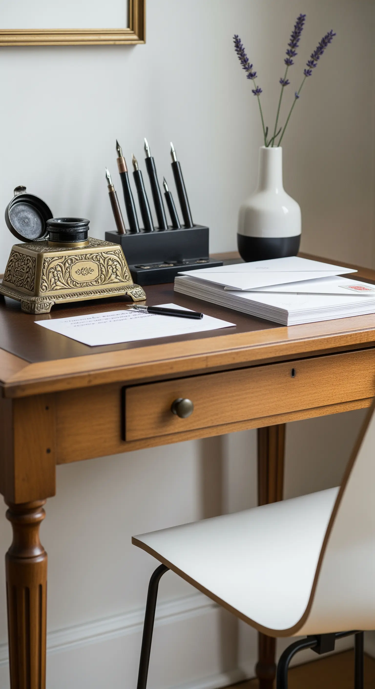 Scrivania classica in legno con calamaio antico e una sedia moderna bianca.