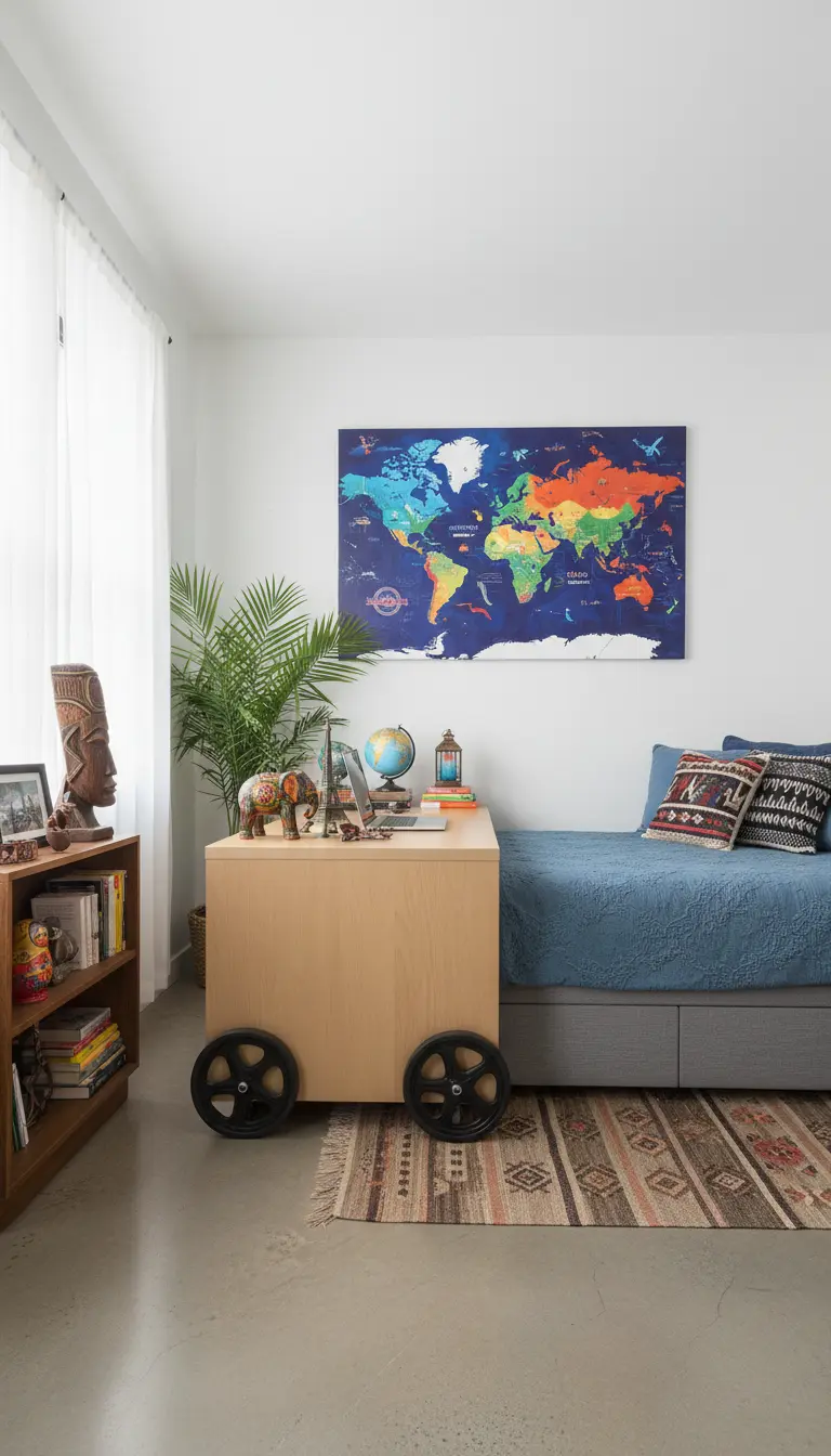 Scrivania in legno con grandi ruote nere posizionata sopra un letto-divano blu.