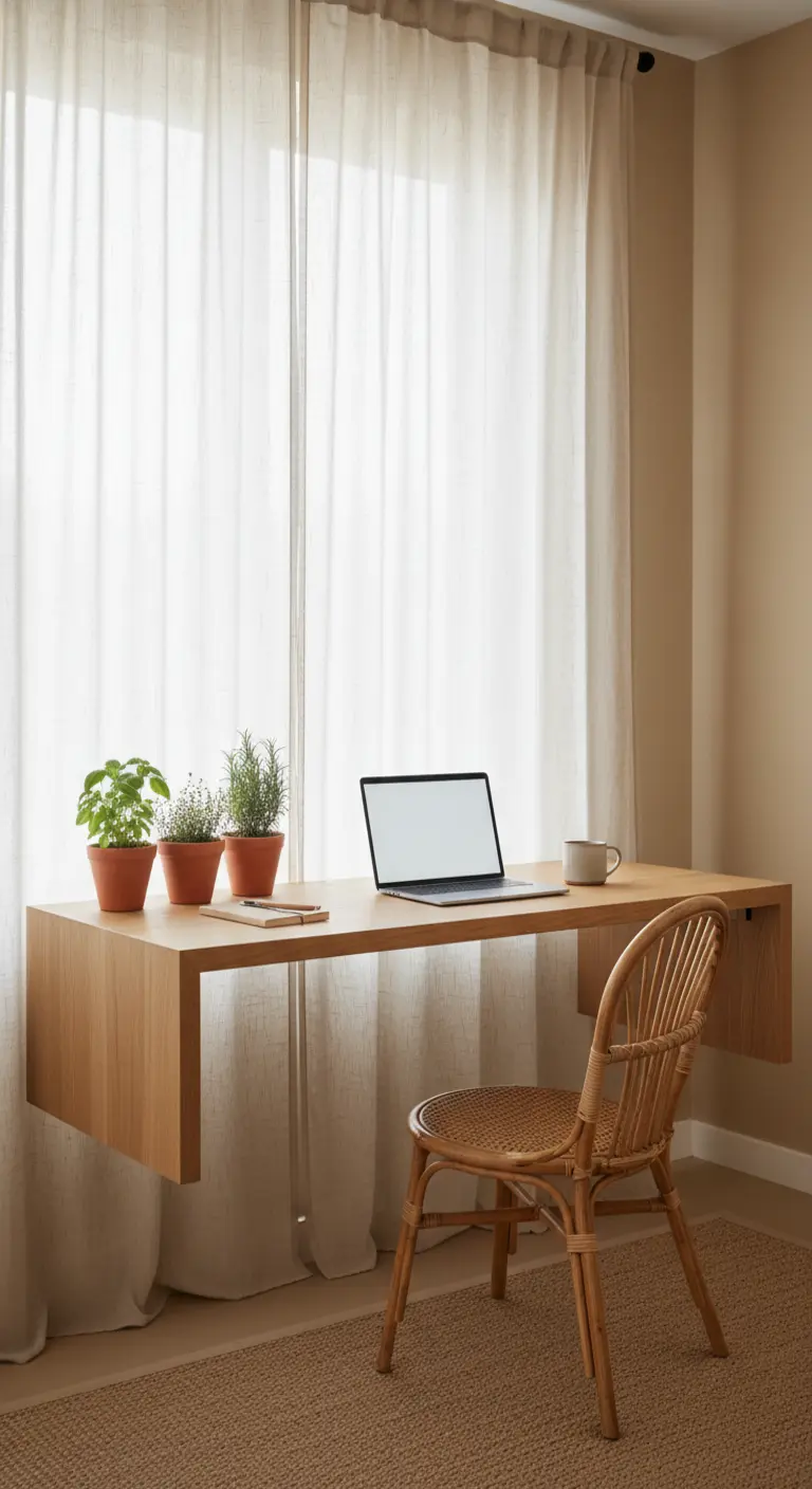 Scrivania sospesa in legno chiaro davanti a una finestra con tende trasparenti e sedia in rattan.