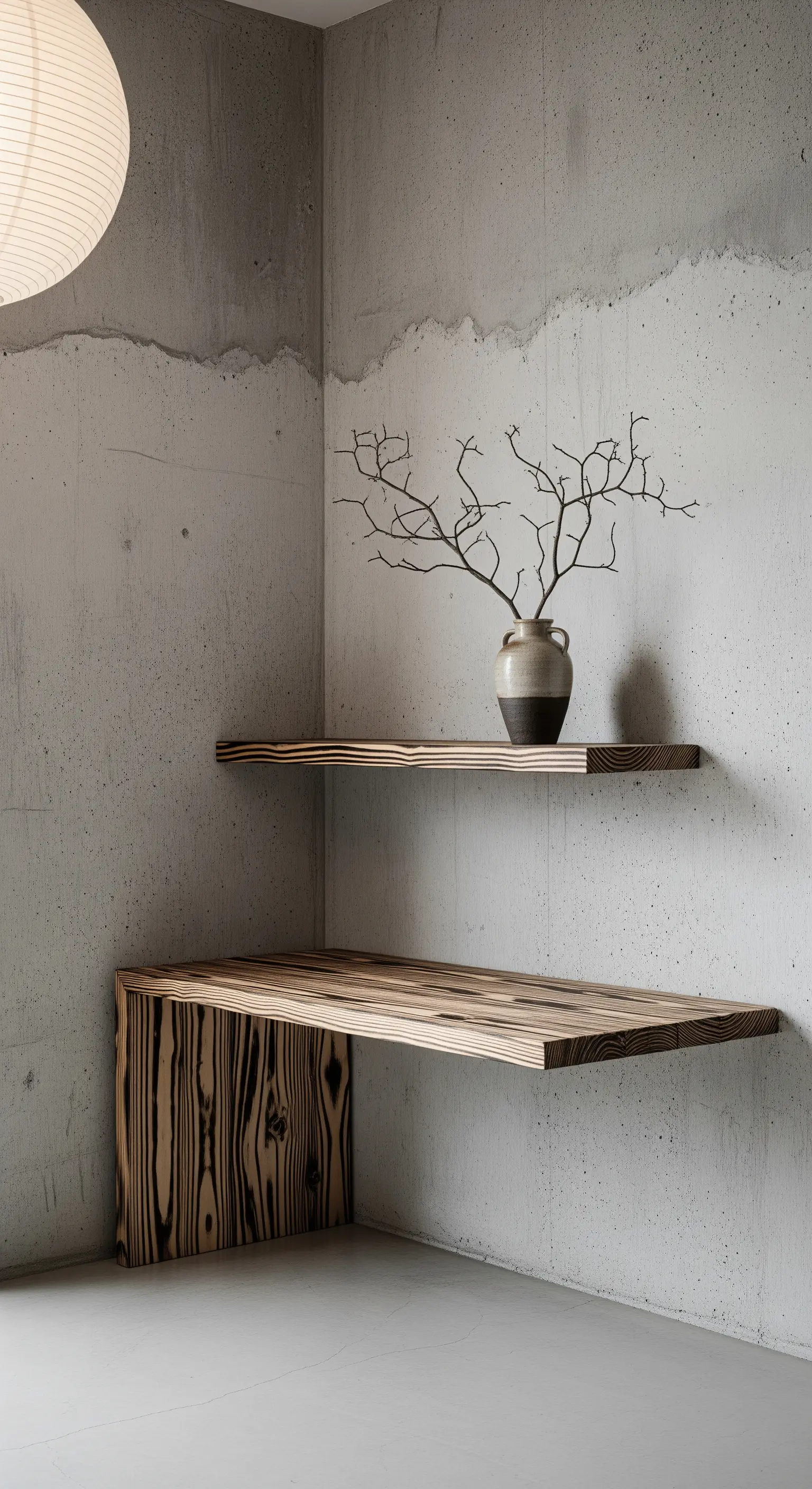 Scrivania angolare sospesa in legno scuro venato su parete in cemento grezzo.