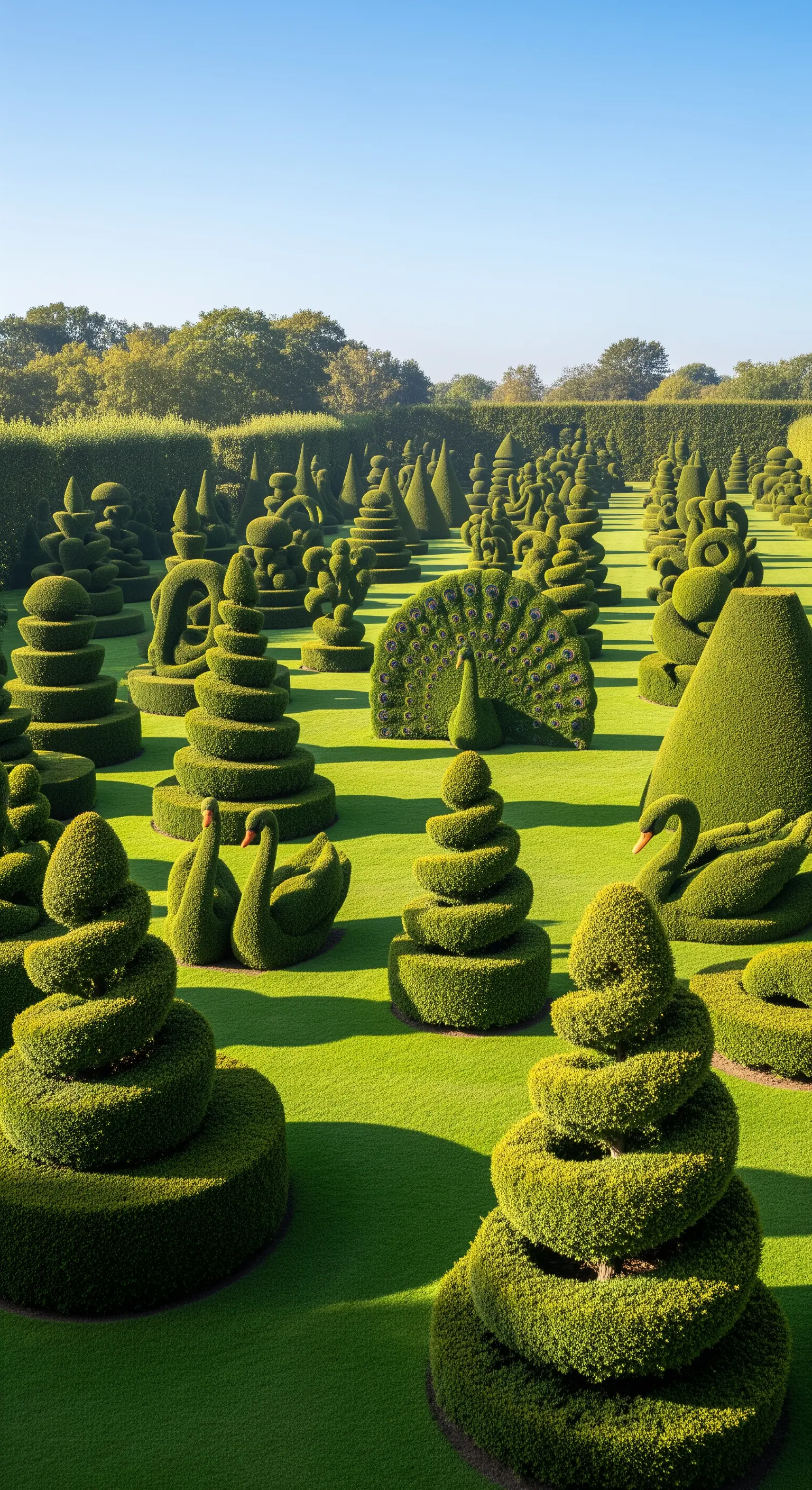 Prato verde punteggiato da numerose sculture topiarie a forma di animali e spirali.