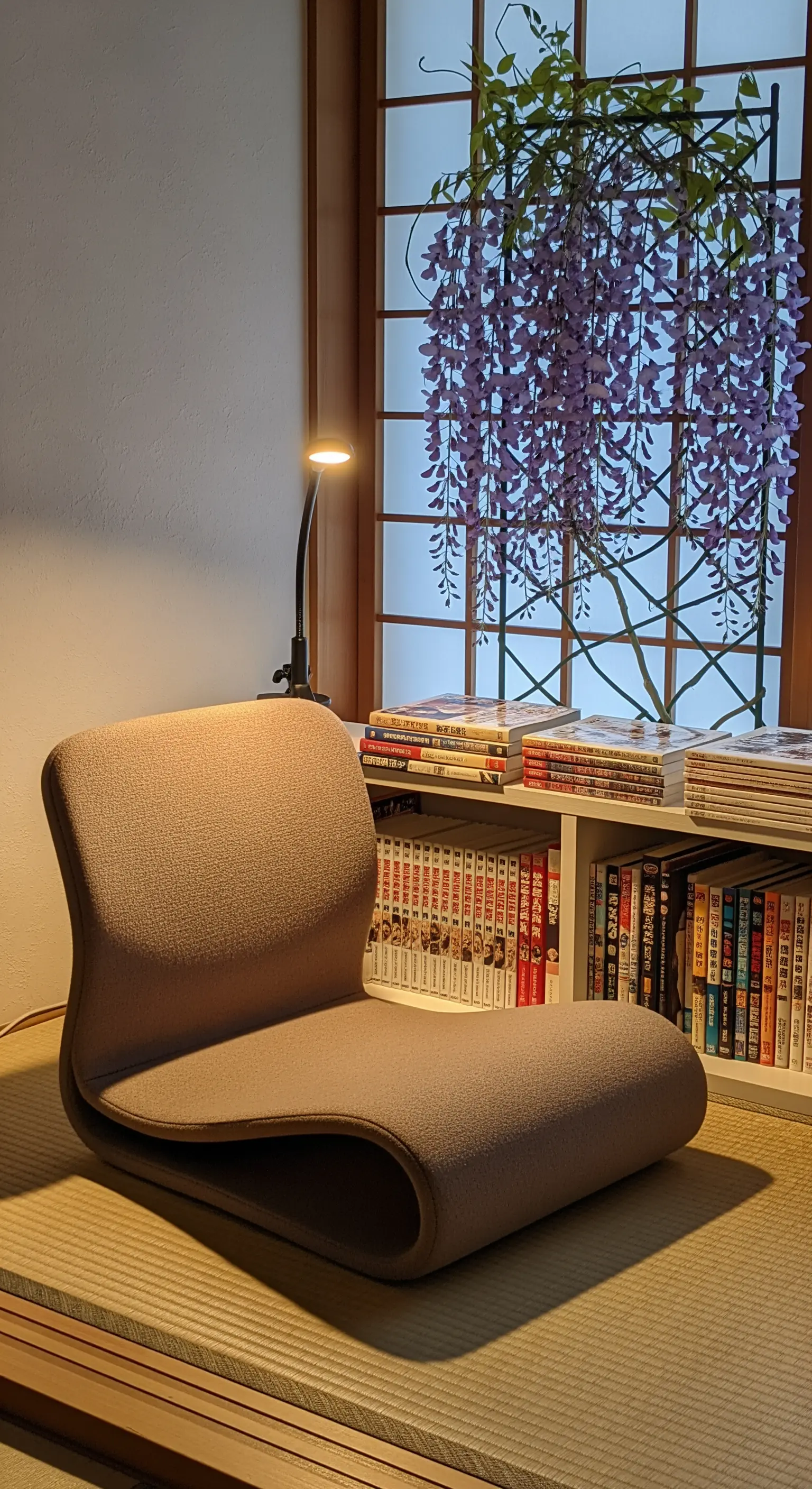 Angolo lettura con sedia da terra zaisu su un tatami, vicino a una libreria bassa.
