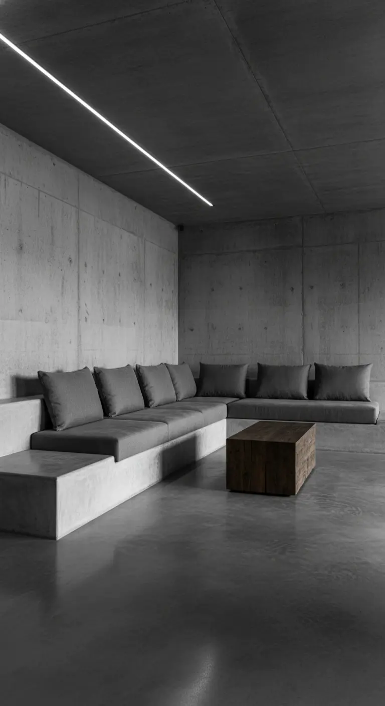 Salotto con divano integrato in una struttura di cemento e tavolino in legno.