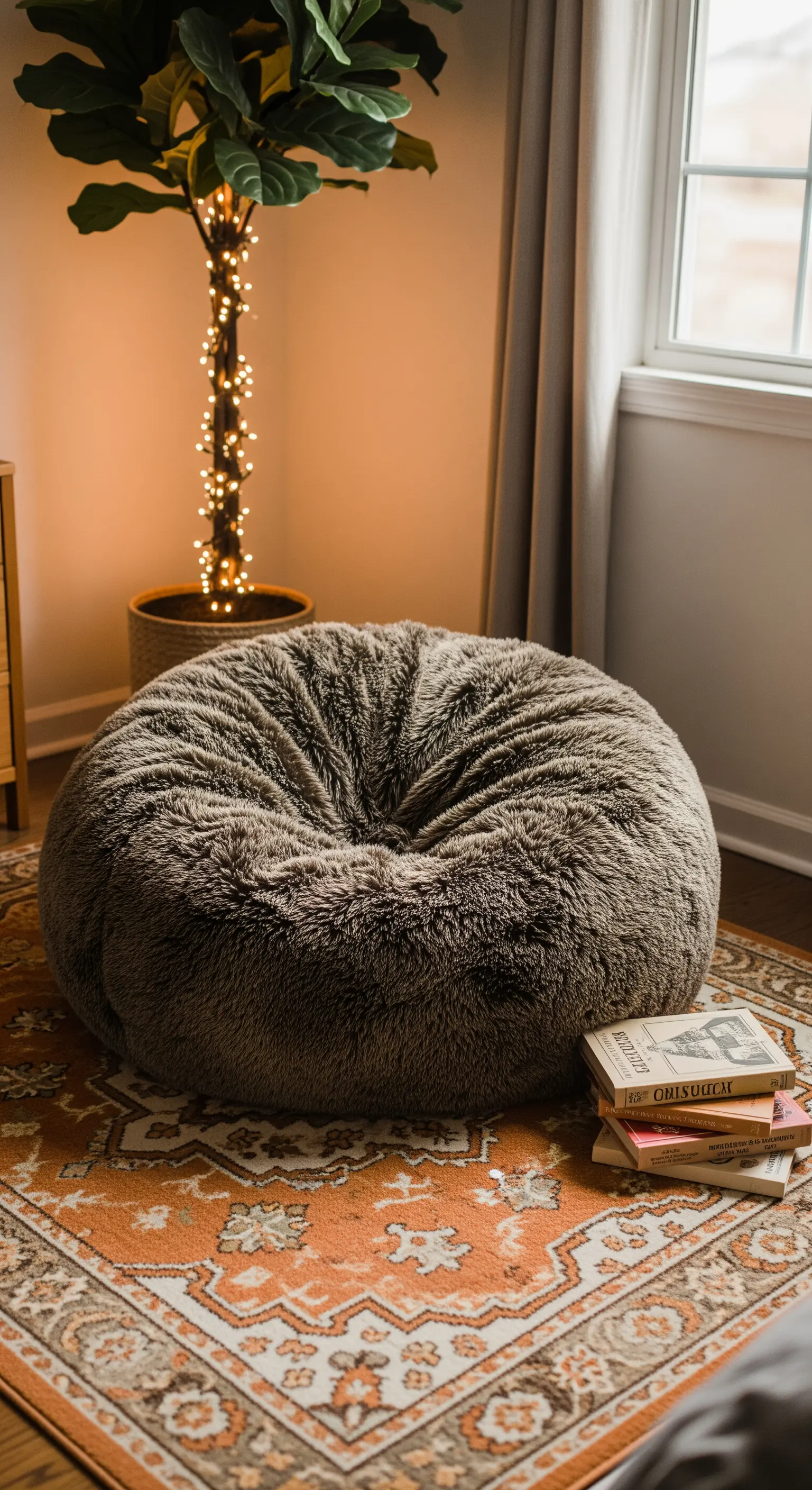Grande pouf a sacco in pelliccia sintetica grigia su un tappeto con motivi arancioni.