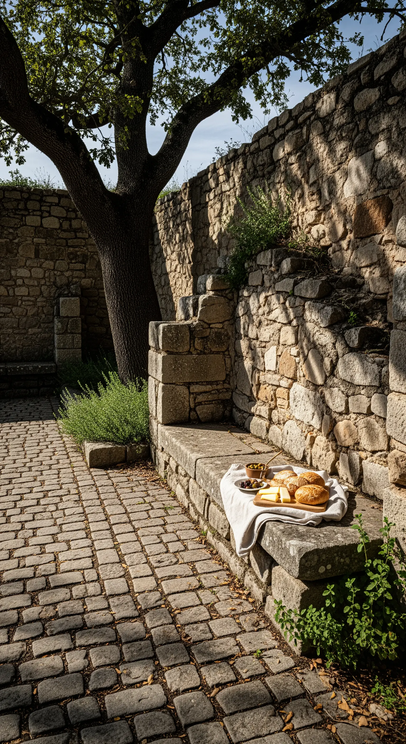 Panca in pietra integrata in un antico muro a secco, con un piccolo picnic.