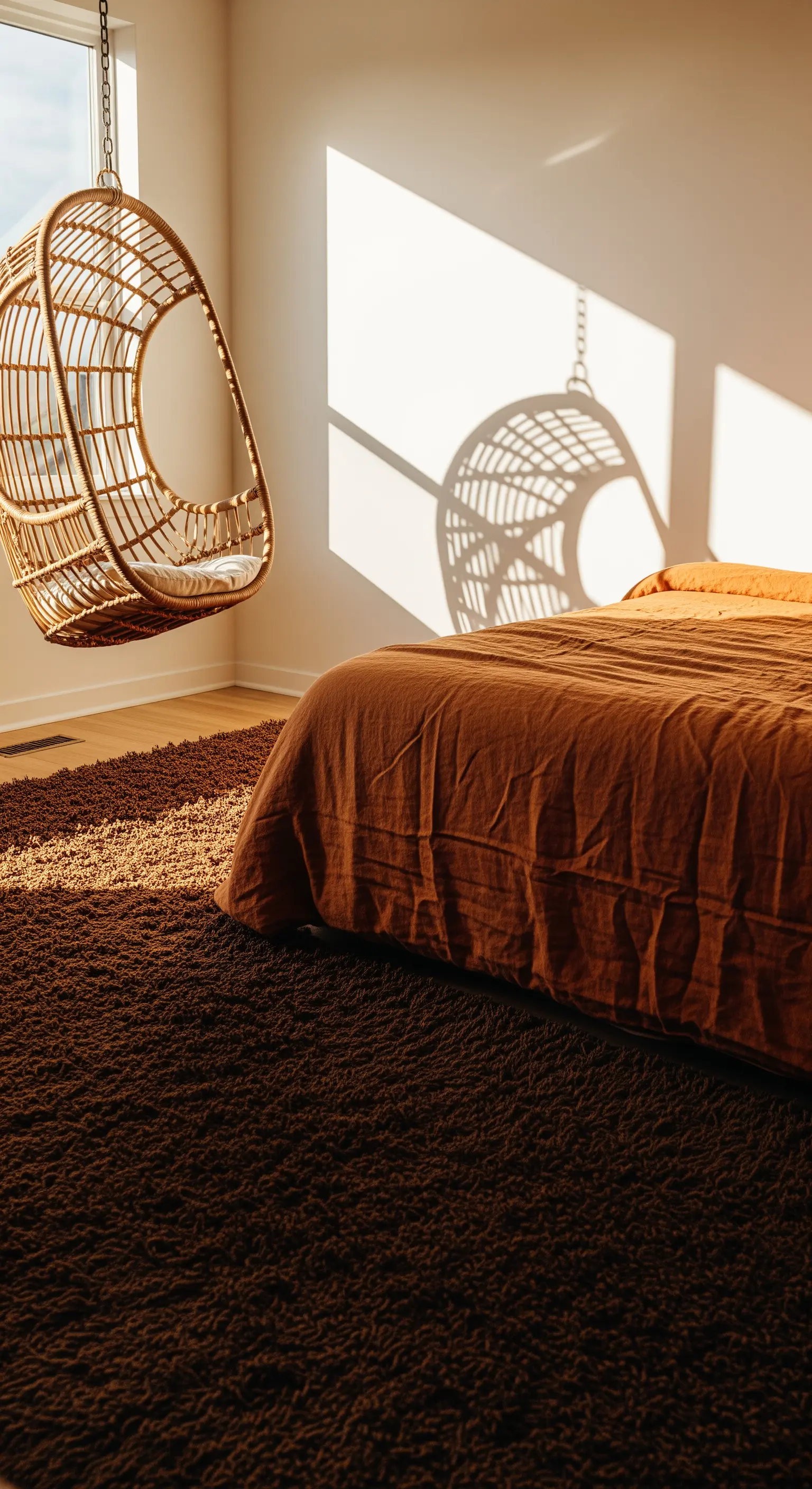 Sedia sospesa in rattan in una camera da letto con moquette marrone a pelo lungo.