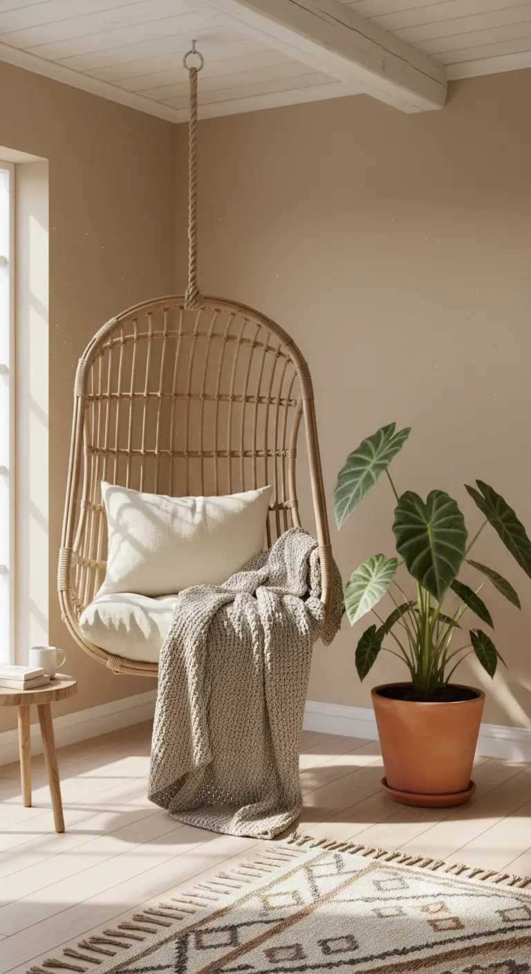 Sedia a dondolo sospesa in rattan con cuscini e plaid, accanto a una pianta in un angolo luminoso.