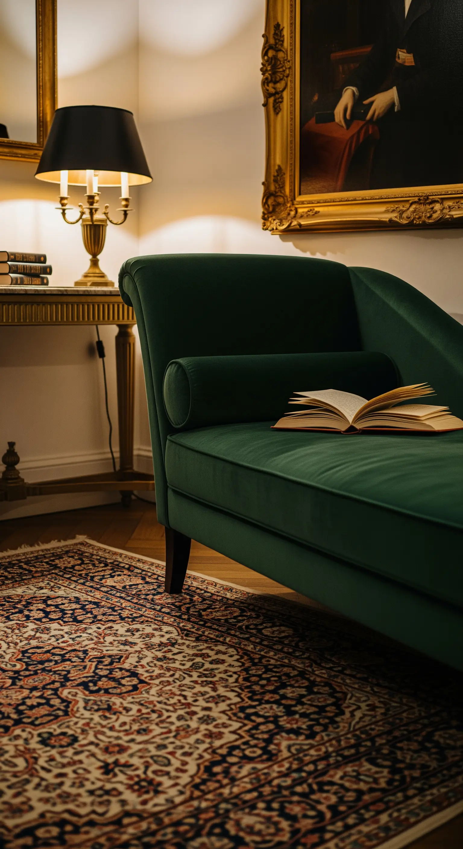Chaise longue in velluto verde scuro con un libro aperto, accanto a una consolle dorata e una lampada.