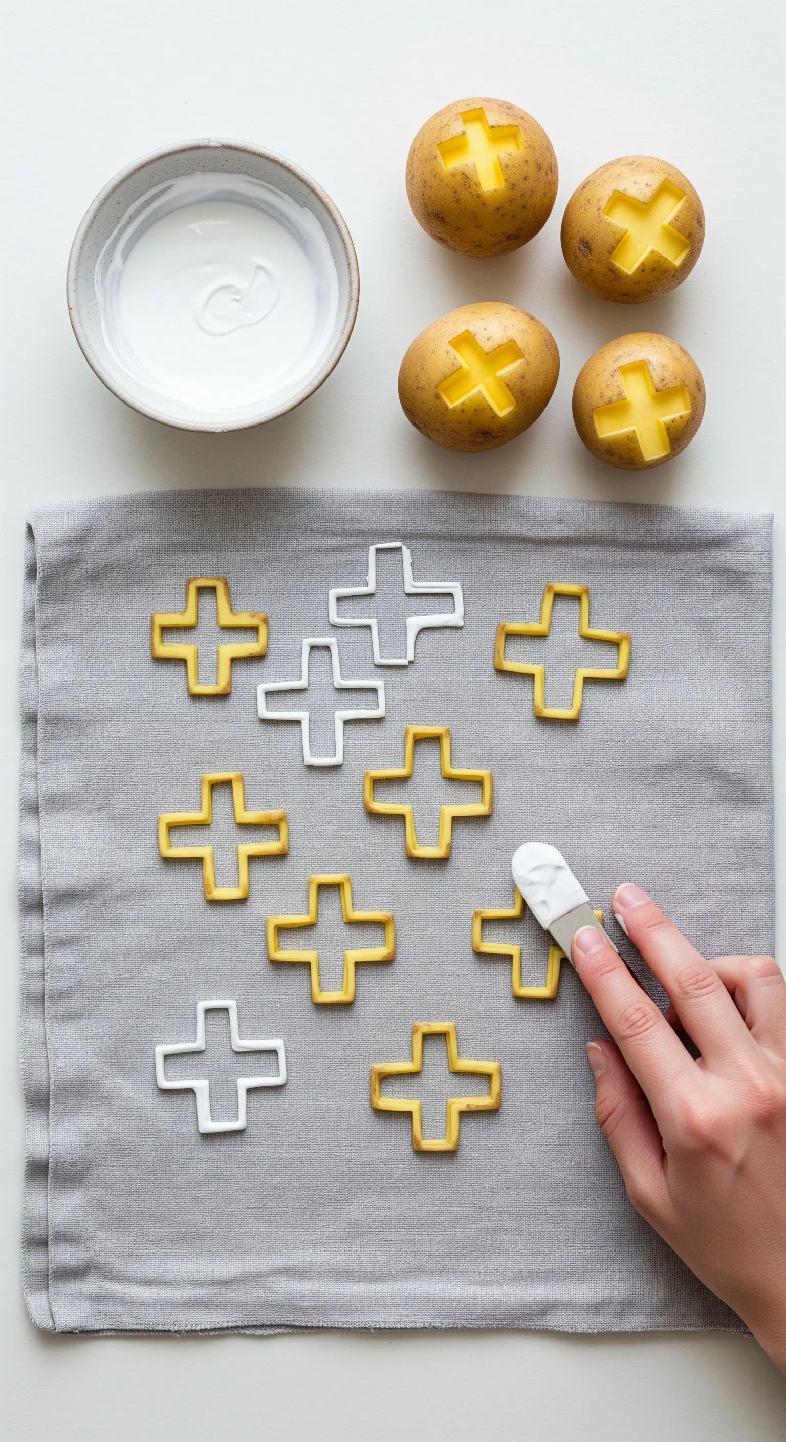 Stampa su tessuto grigio usando timbri a forma di croce intagliati in patate e vernice bianca.