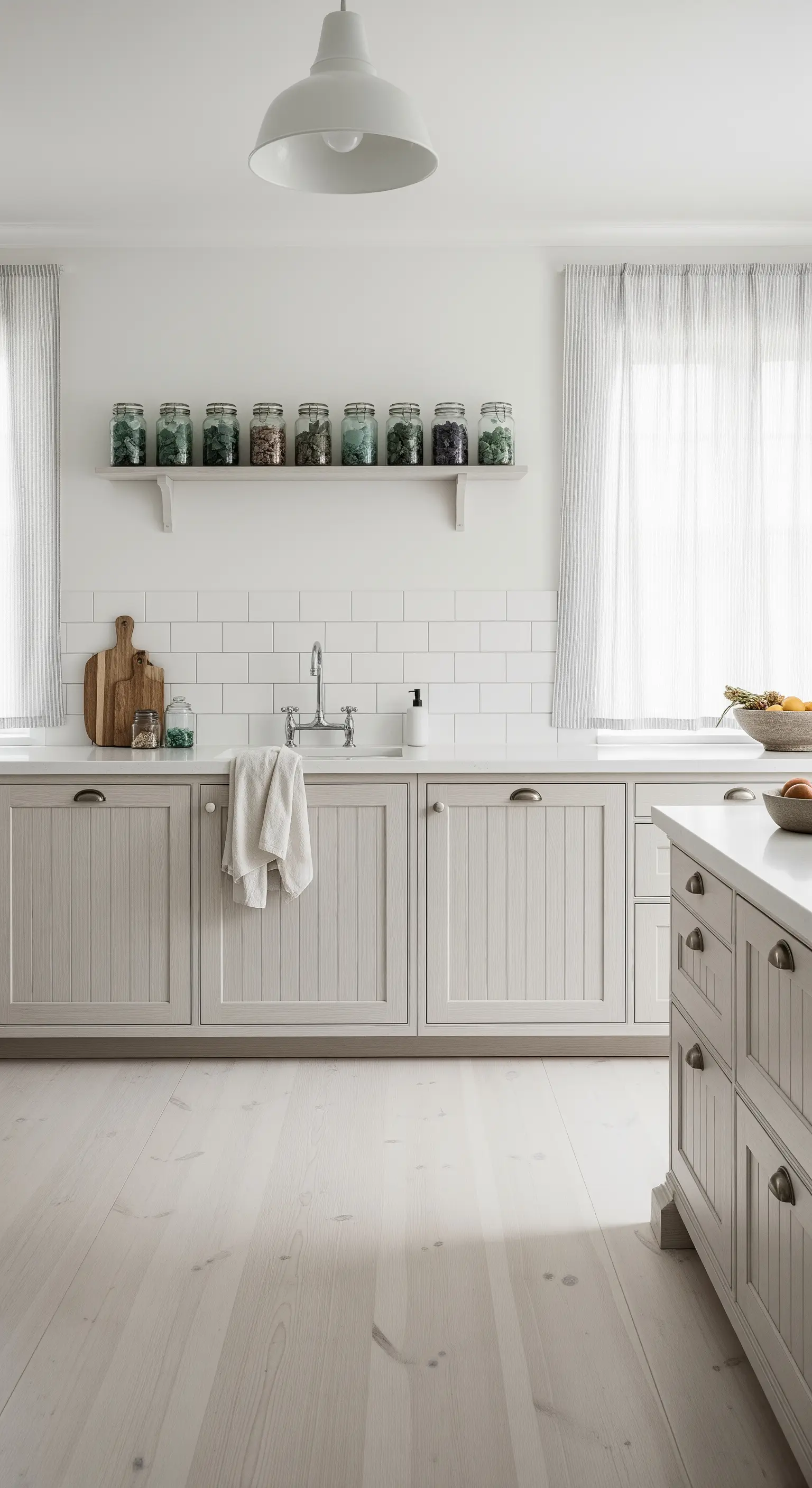 Cucina con ante a listelli, pavimento sbiancato e una mensola con vasi di vetro.