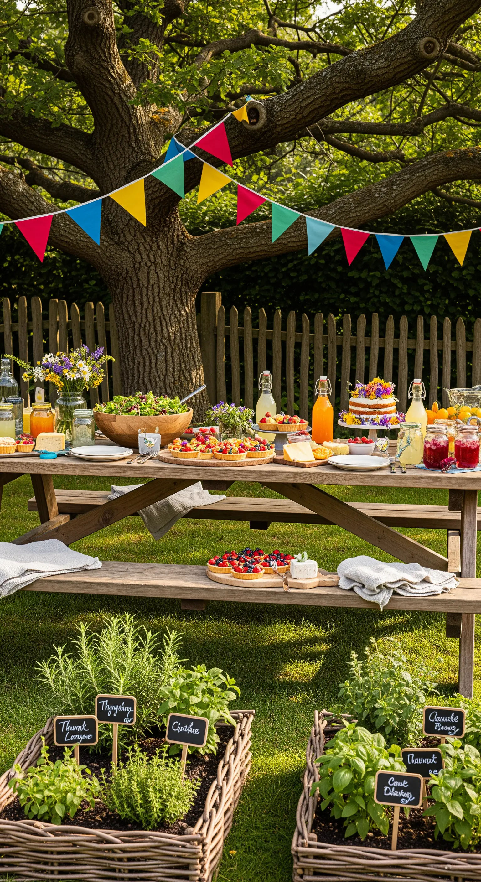 Tavola da picnic imbandita sotto una ghirlanda di bandierine, con orto aromatico in primo piano.
