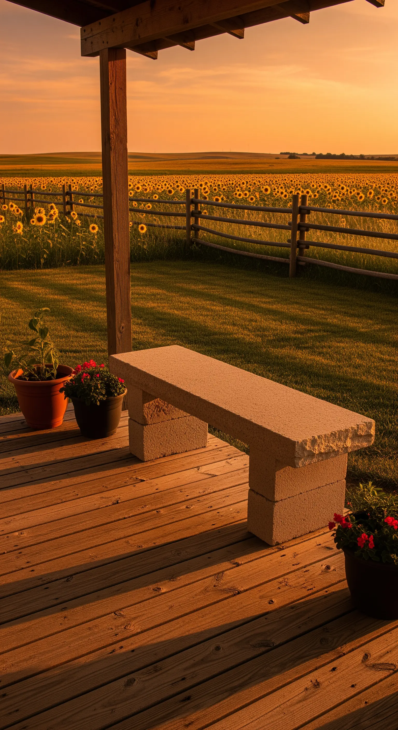Panca minimale in blocchi di cemento su un portico in legno, con vista su un campo di girasoli.