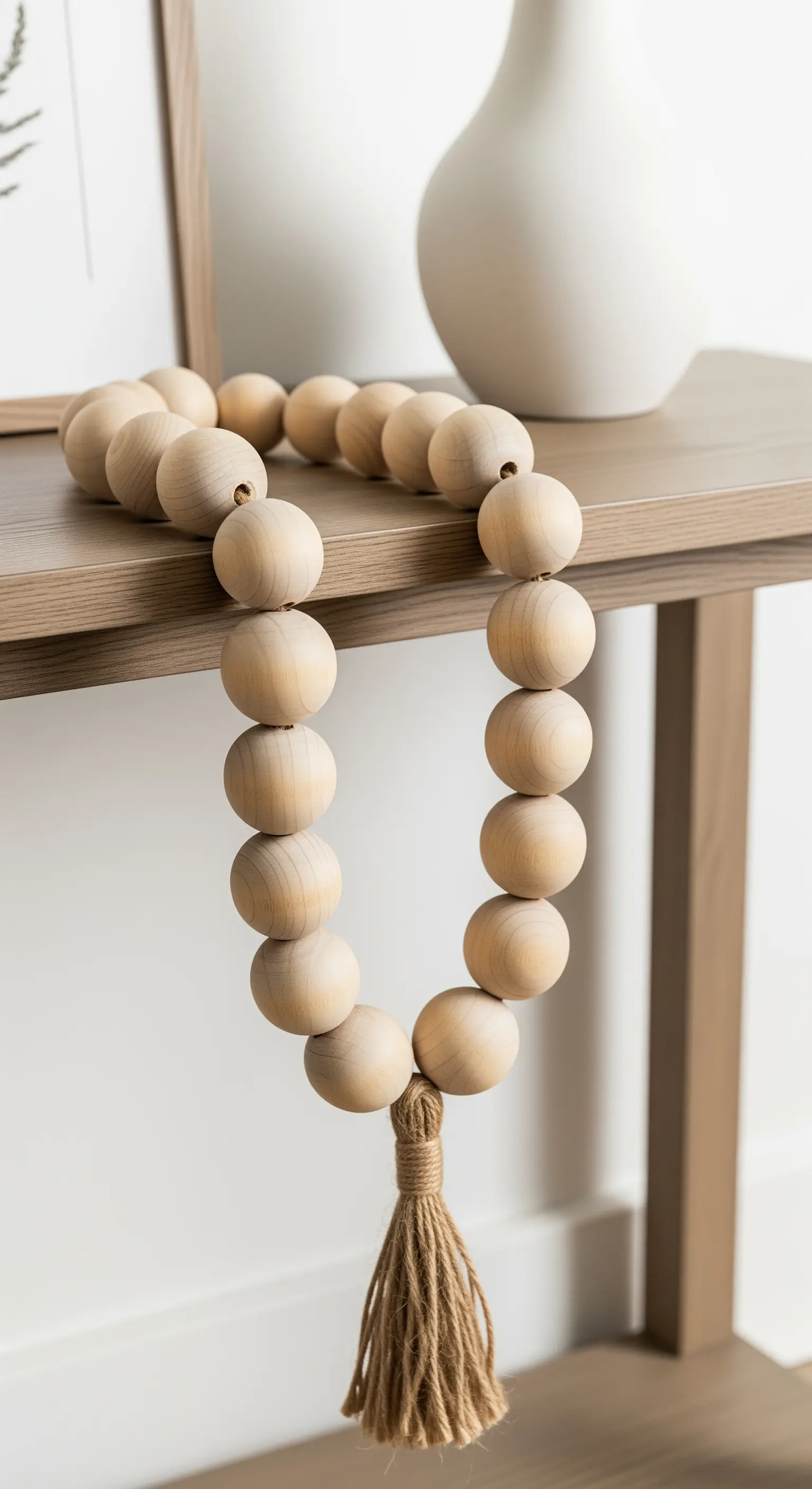 Ghirlanda di grandi perle di legno naturale appoggiata su una consolle.