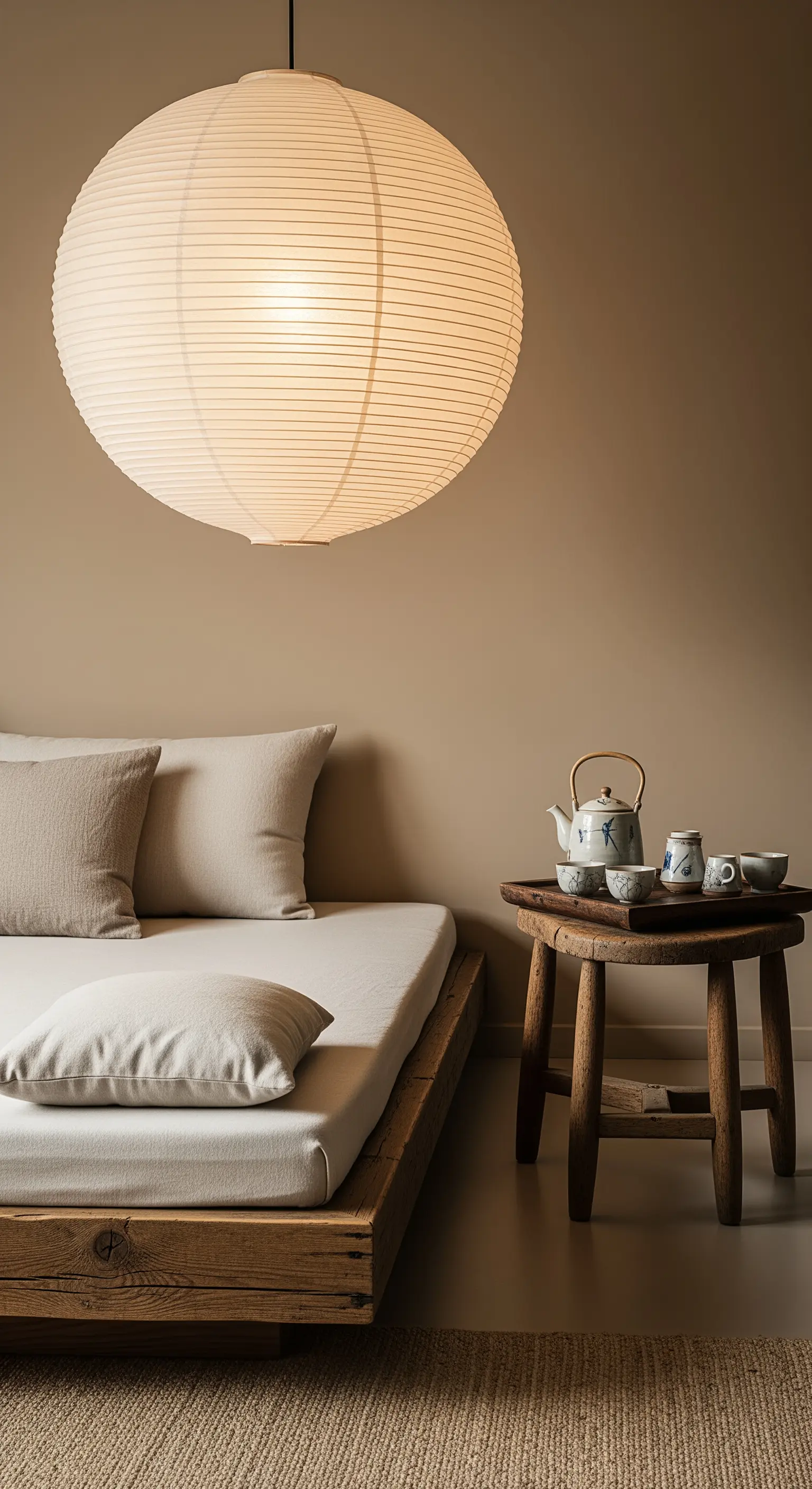 Letto basso in stile giapponese con lanterna di carta e sgabello in legno.